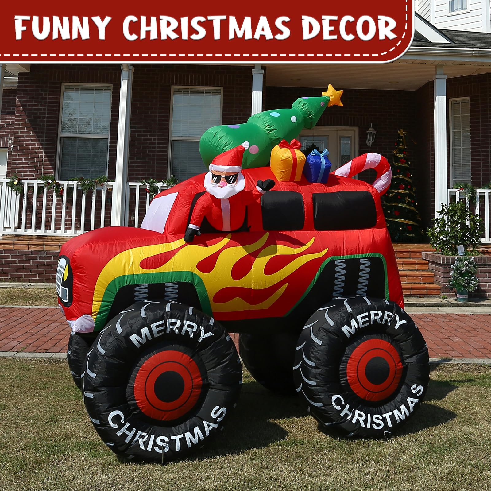 JOYHALO 7.5FT Christmas Inflatable Santa Drive Monster Truck, Blow Up Yard Decorations with Bright LED Lights, Santa Truck Chris