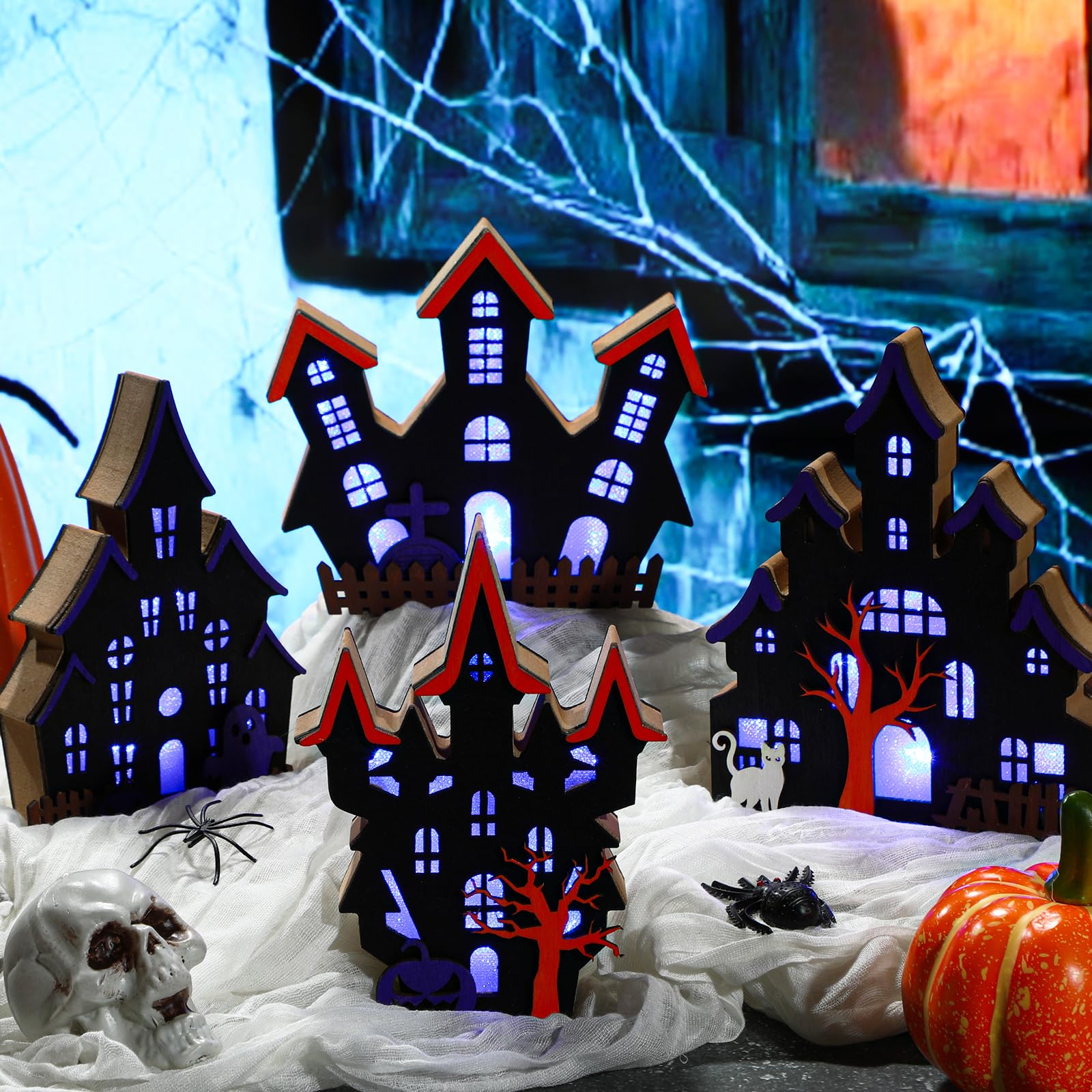 Bucherry 4 Pack Halloween Table Haunted House Decor Lighted Wooden Village Ghost House 3D Tabletop Decorations for Halloween Ind