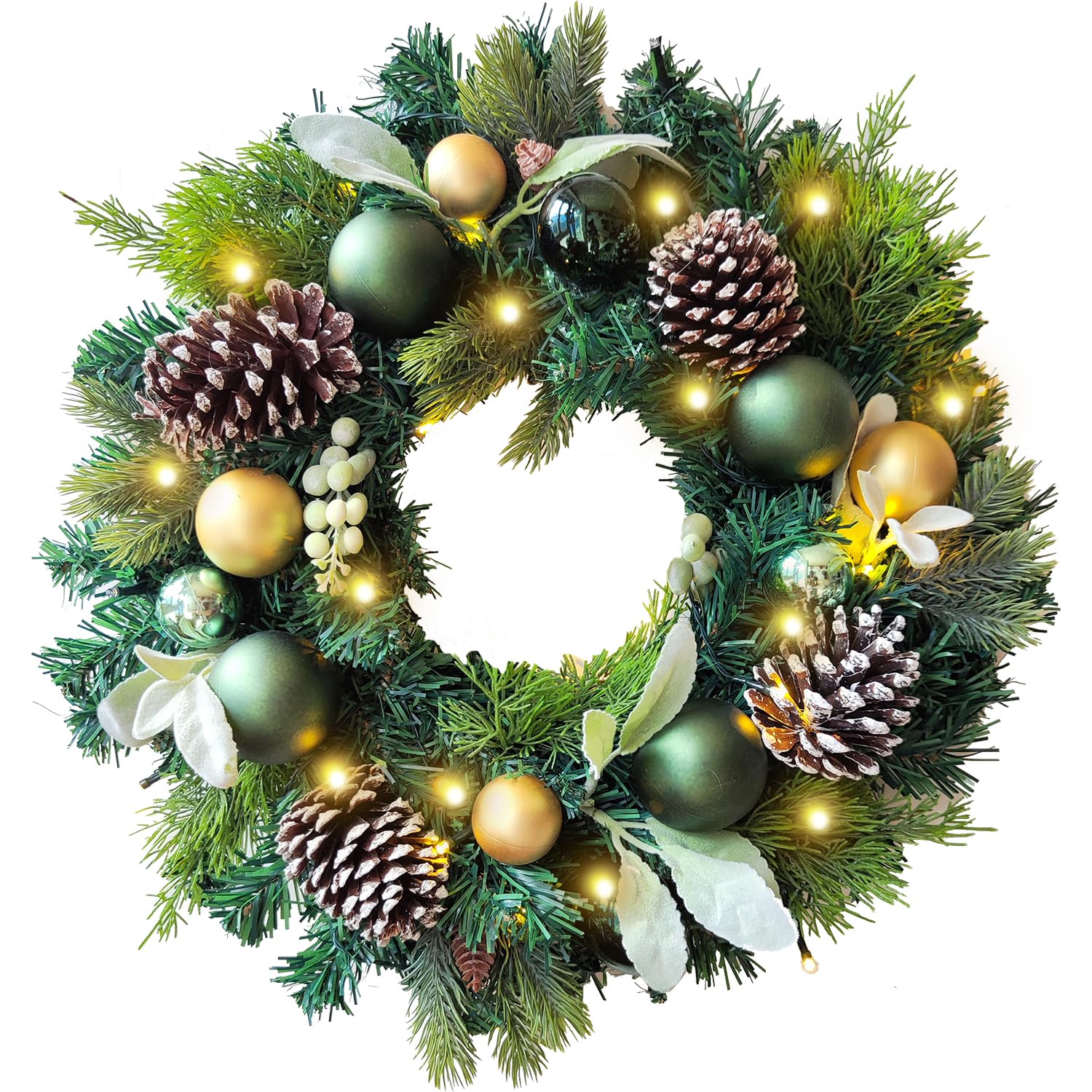 WANNA-CUL Pre-Lit 20 Inch Lighted Christmas Wreath for Front Door Decoration with Green Gold Christmas Ball Ornaments,Battery Op