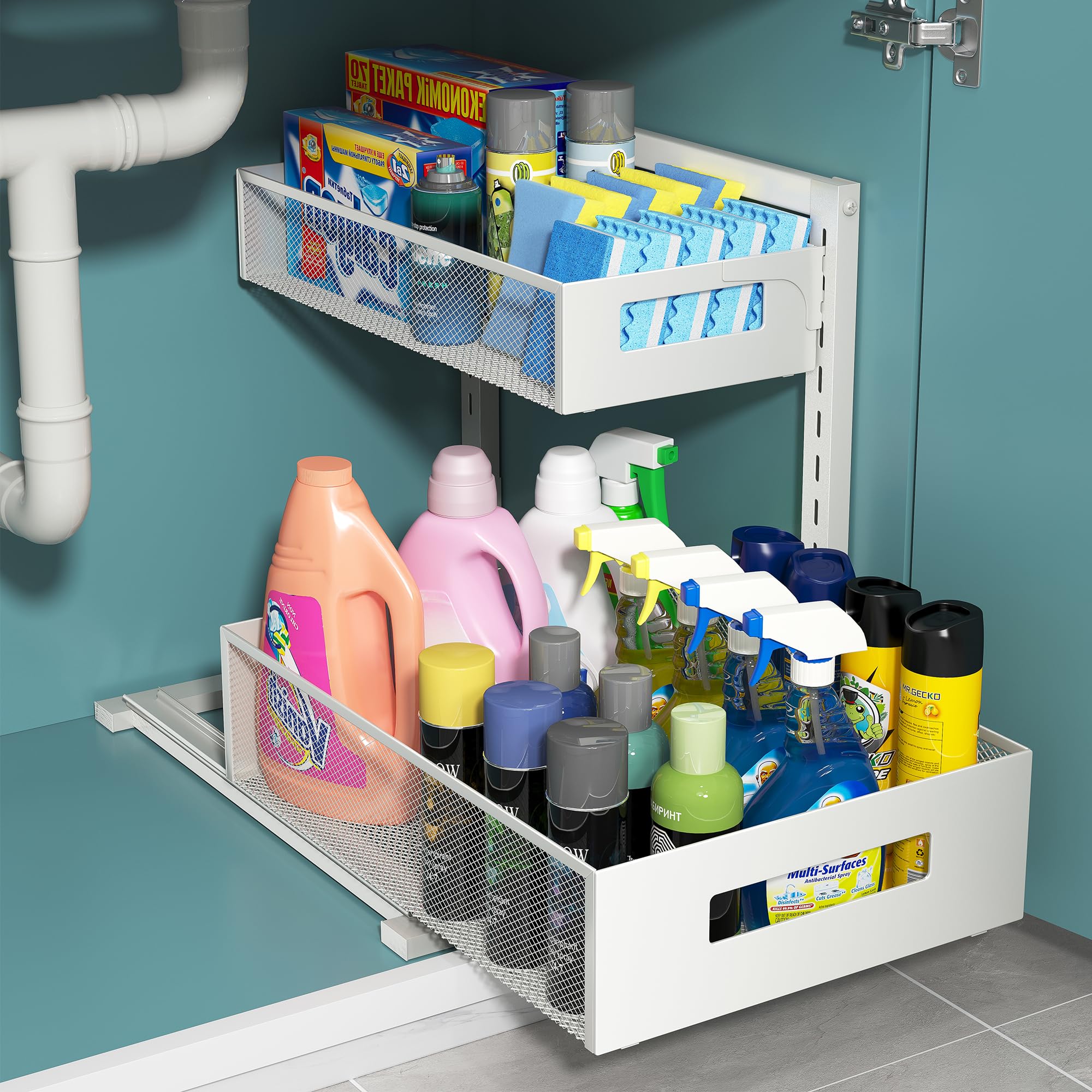 TISTAYA Pull-out Under Kitchen Sink Organizer, Metal Functional Under Sink Organizer, Height Adjustable Under Bathroom Sink Orga