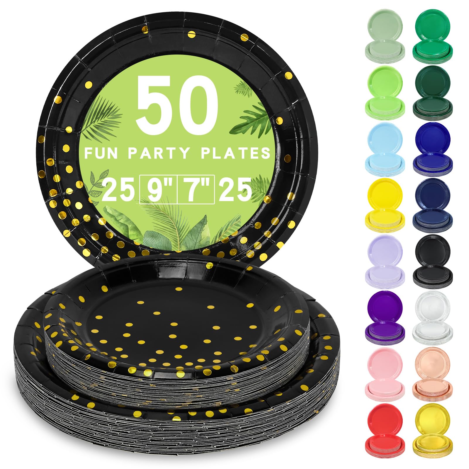 LANLISA 50 Black and Gold Paper Plates Set Includes 25-9 & 25-7 Disposable Birthday Cake Dessert Plates for Party Supplies