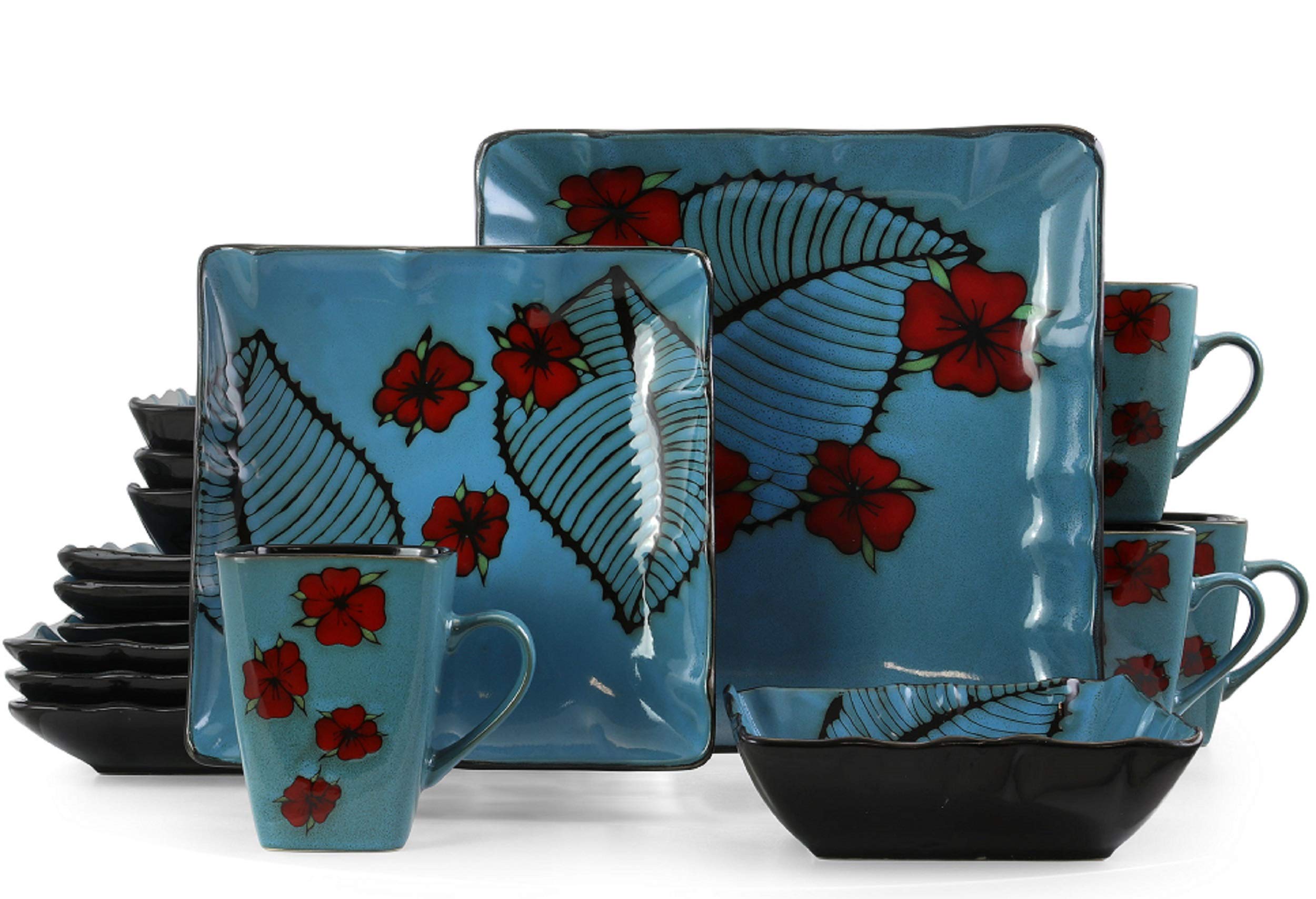 Elama Aloha Tide 16 Piece Square Stoneware Dinnerware Set in Blue and Floral