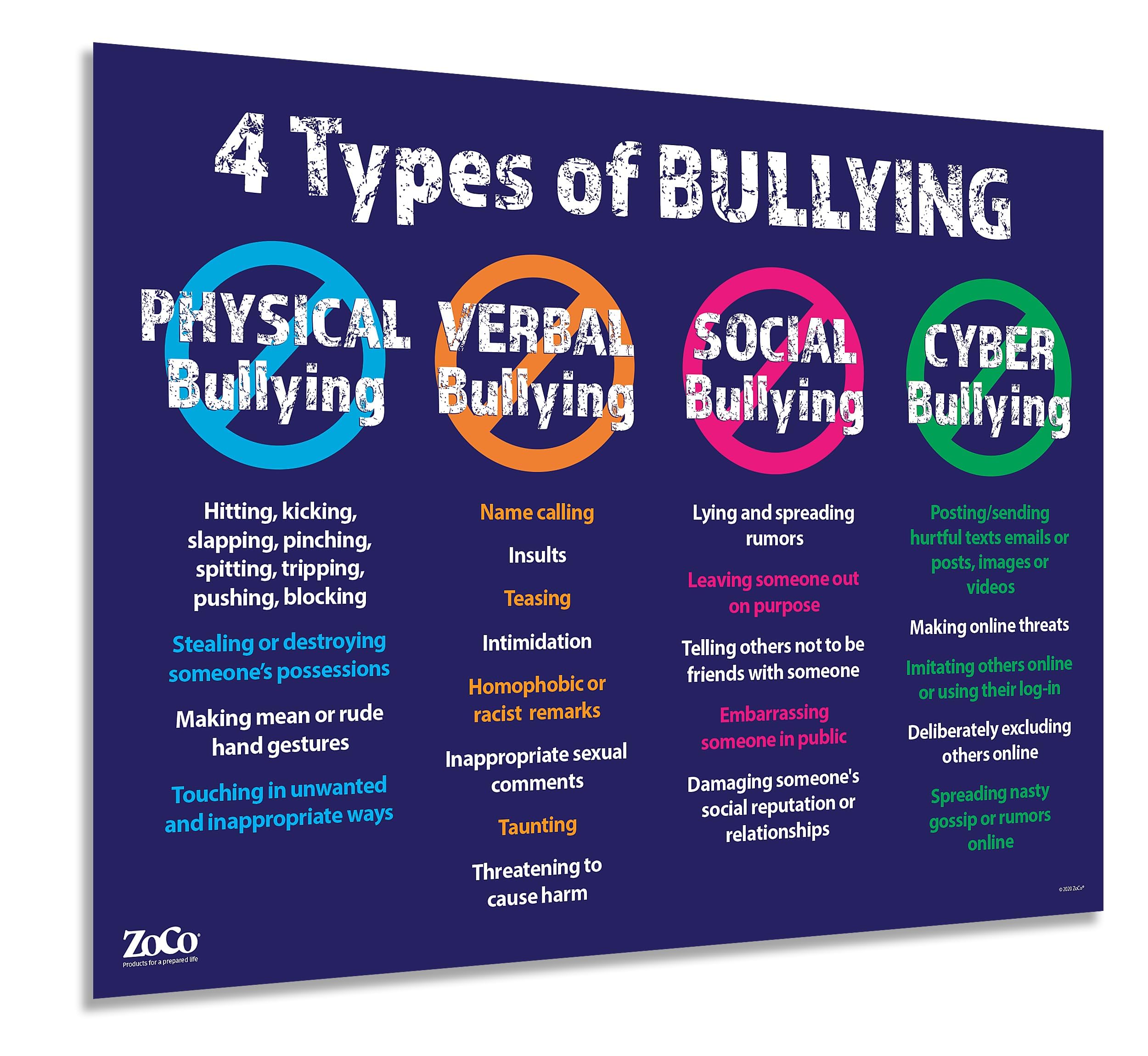 Safety Magnets 4 Types of Bullying Poster - Laminated  17 inches x 22 inches - Bullying Posters for Schools and Workplace - Anti Bullying Posters - No Bullying Poster for Classroom