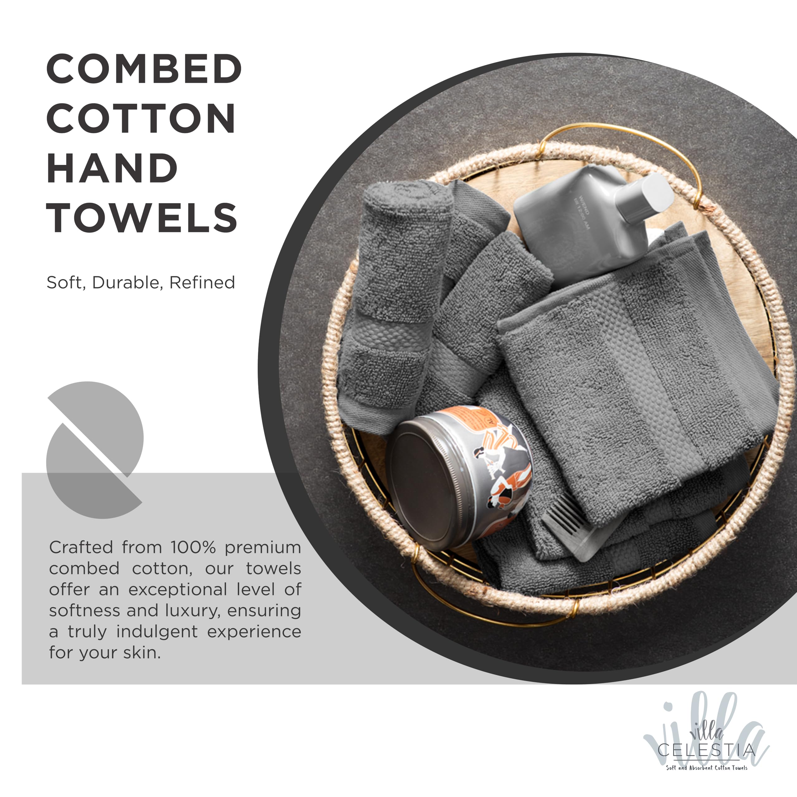 Villa Celestia 100% Cotton Hand Towel Set Of 4, (16 X 28 Inches) Sustainable, Soft, Highly Absorbent, Quick Drying, Combed Cotto