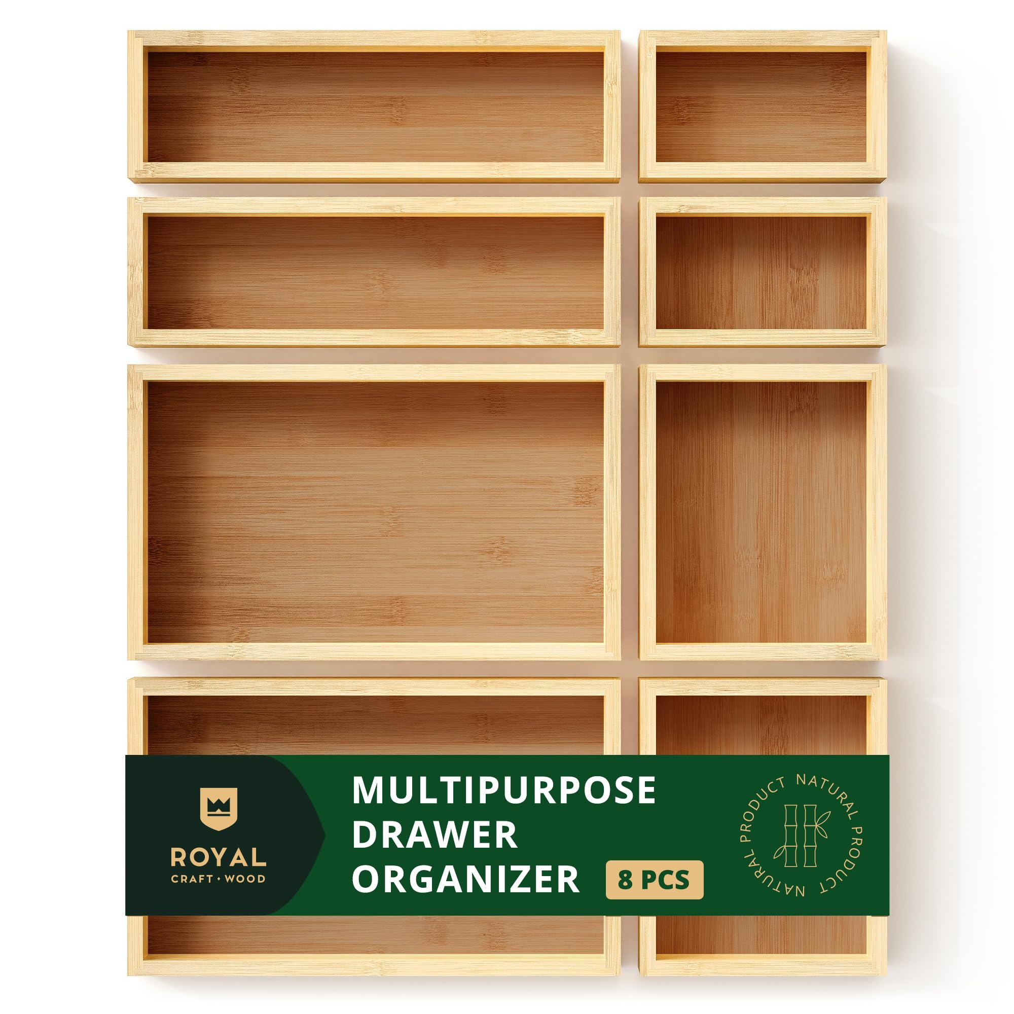 Royal Craft Wood Luxury Bamboo Storage Box, Bin Set - Multi-Use Drawer Organizer For Kitchen, Bathroom, Office Desk, Makeup, Jew
