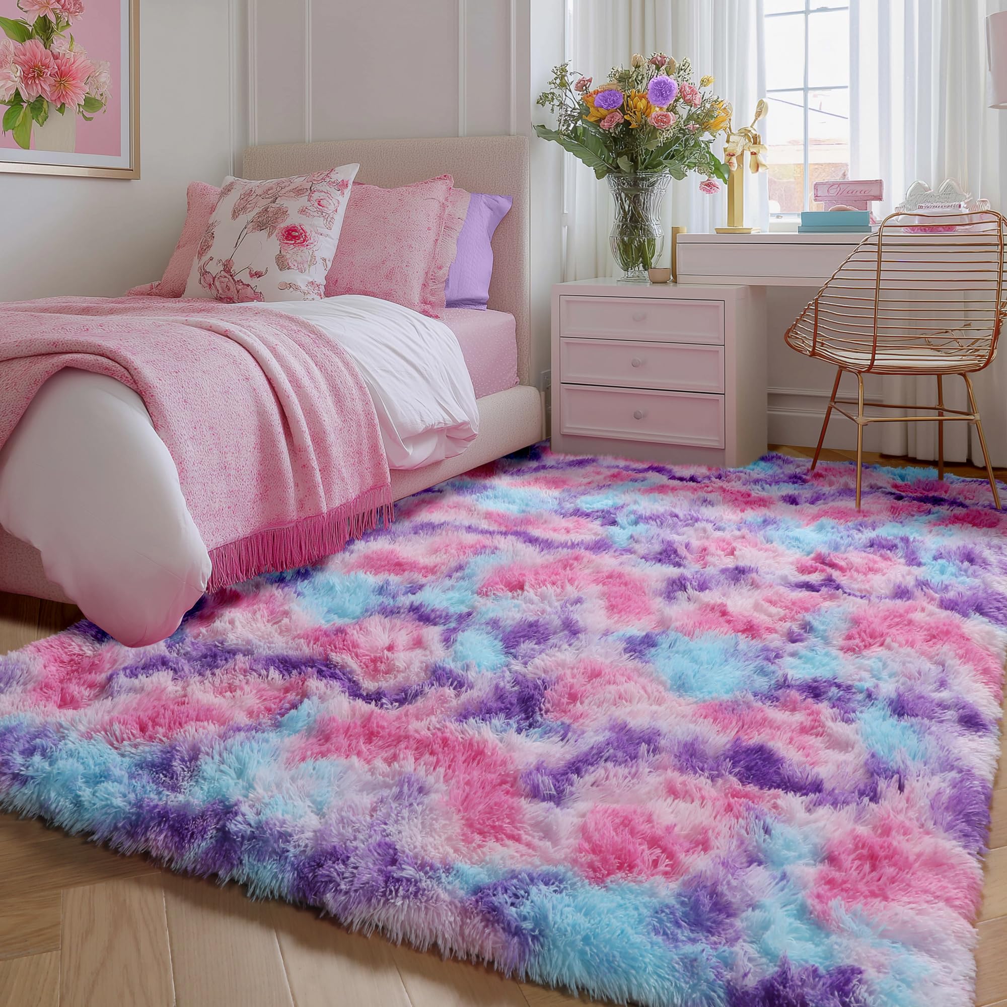 PAGISOFE Ultra Soft Rainbow Area Rugs for Girls Bedoom 4x6 Ft, Fluffy Cute Colorful Pastel Princess Carpet for Kids Teens Nurser
