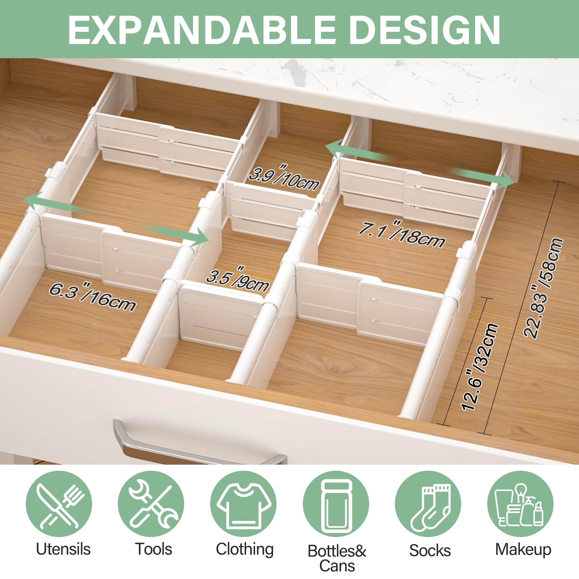 FUNIZE Adjustable Drawer Dividers With Inserts, 4'' High Expandable Drawer Organizers for Clothes, 8 Pack 12.6-22.8'' Long Divid