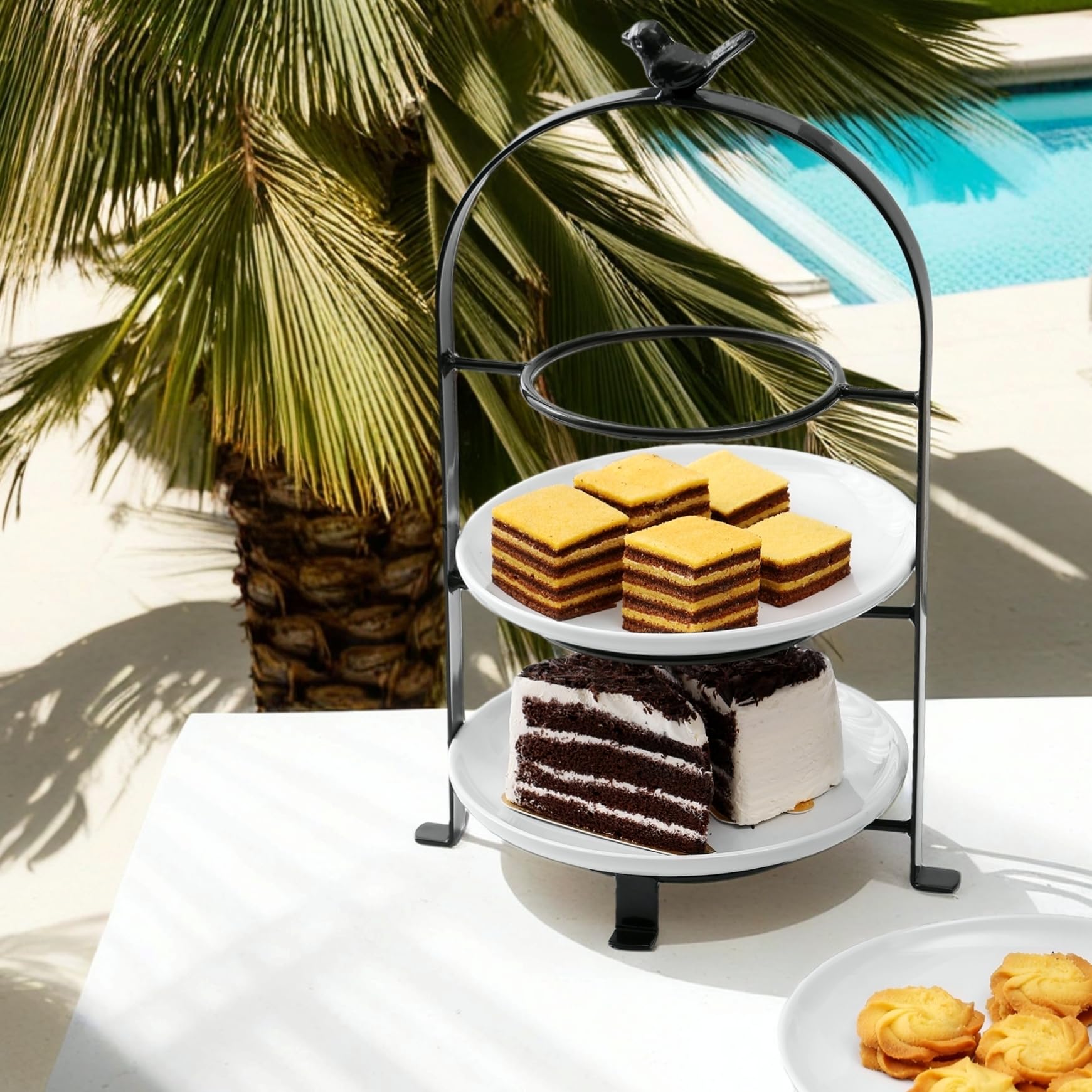 SparkWorks 3 Tiered Cake Stand  Tea Party Serving Platter  Dessert and Cupcake Stand  Metal Tiered Serving Stand Includes Three Premium White Stoneware Plates