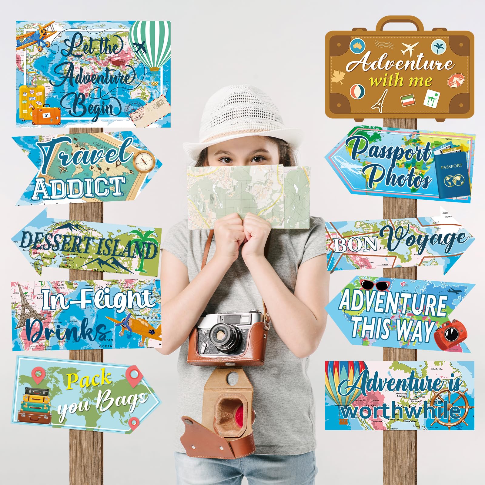 20 Pieces Travel Party Signs Travel Themed Party Decorations Let The Adventure Begin Sign Around the World Decorations Bon Voyag