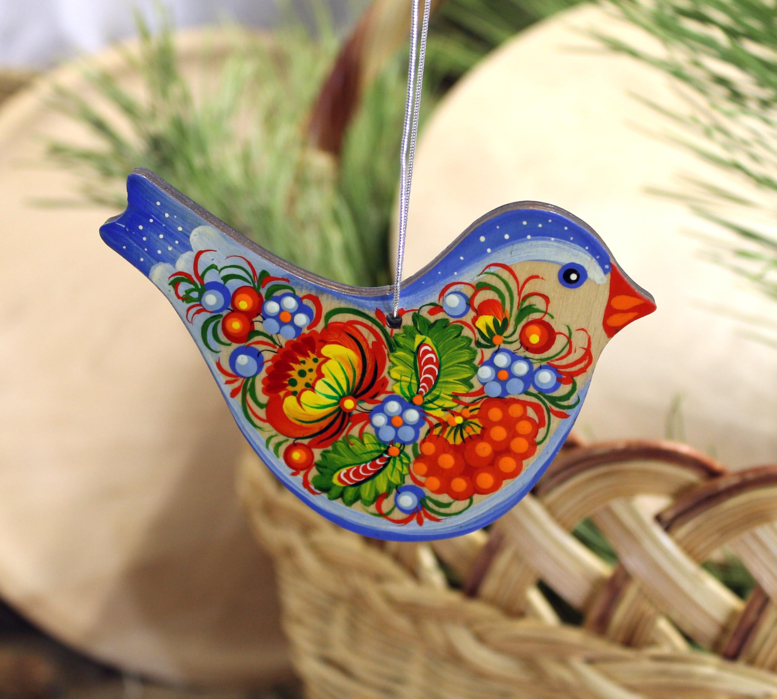 Beautiful Bird Hanging Wooden Ornament 4,3 x 3,3 x 0,2 inch Hand-painted on Both Sides with Petrykivka Painting, Ukrainian Art