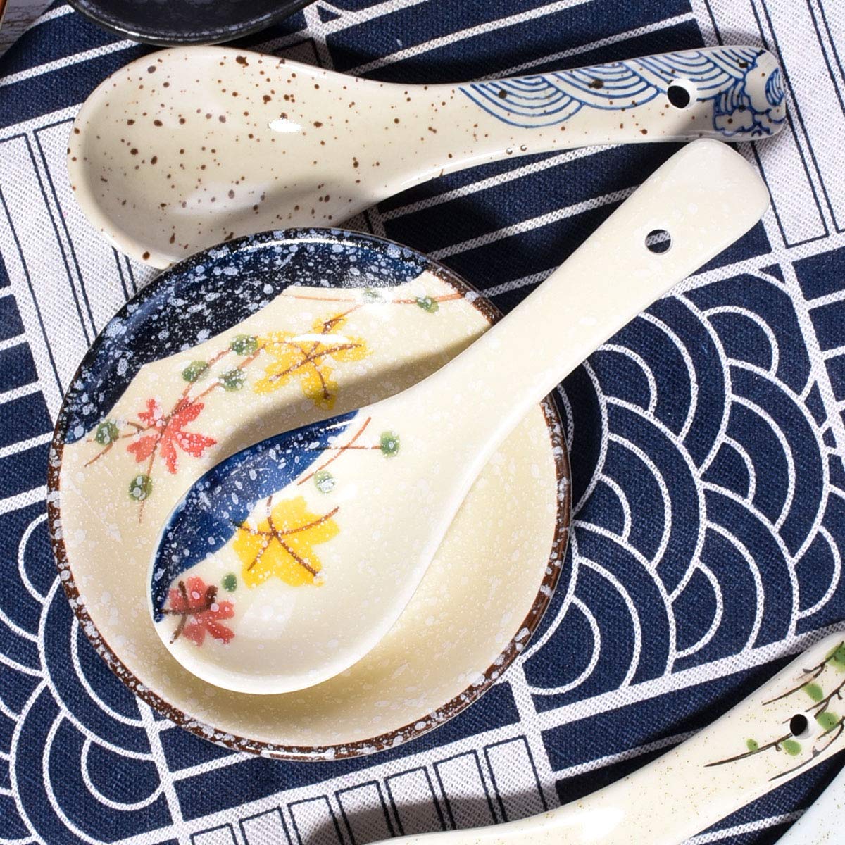 Whitenesser Japanese Soup Spoons Set of 5, Gray Ceramic Ramen Spoons for Gravy, Pho, Dumplings, and Salad