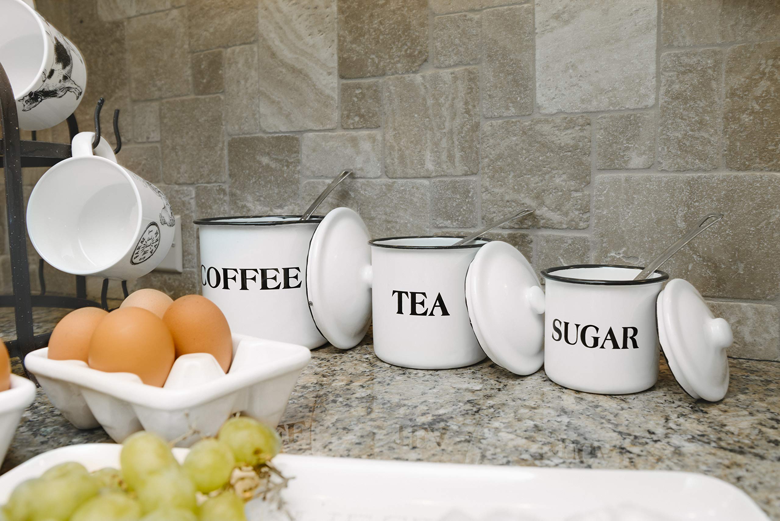Creative Co-Op Metal Containers With Lids, Coffee, Tea, Sugar (Set Of 3 Sizes/Designs)