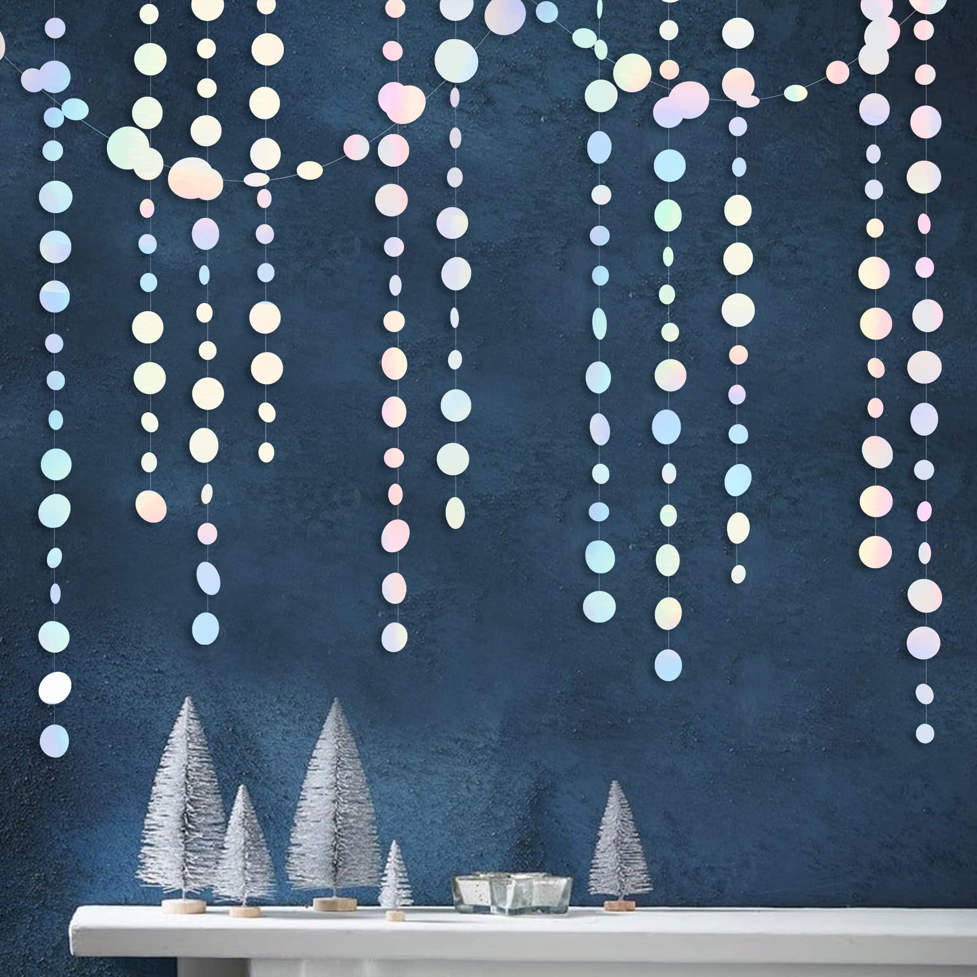 46 Ft White Iridescent Circle Dots Garland Hanging Holographic Polka Dots Streamer For Birthday Bachelorette Engagement Wedding