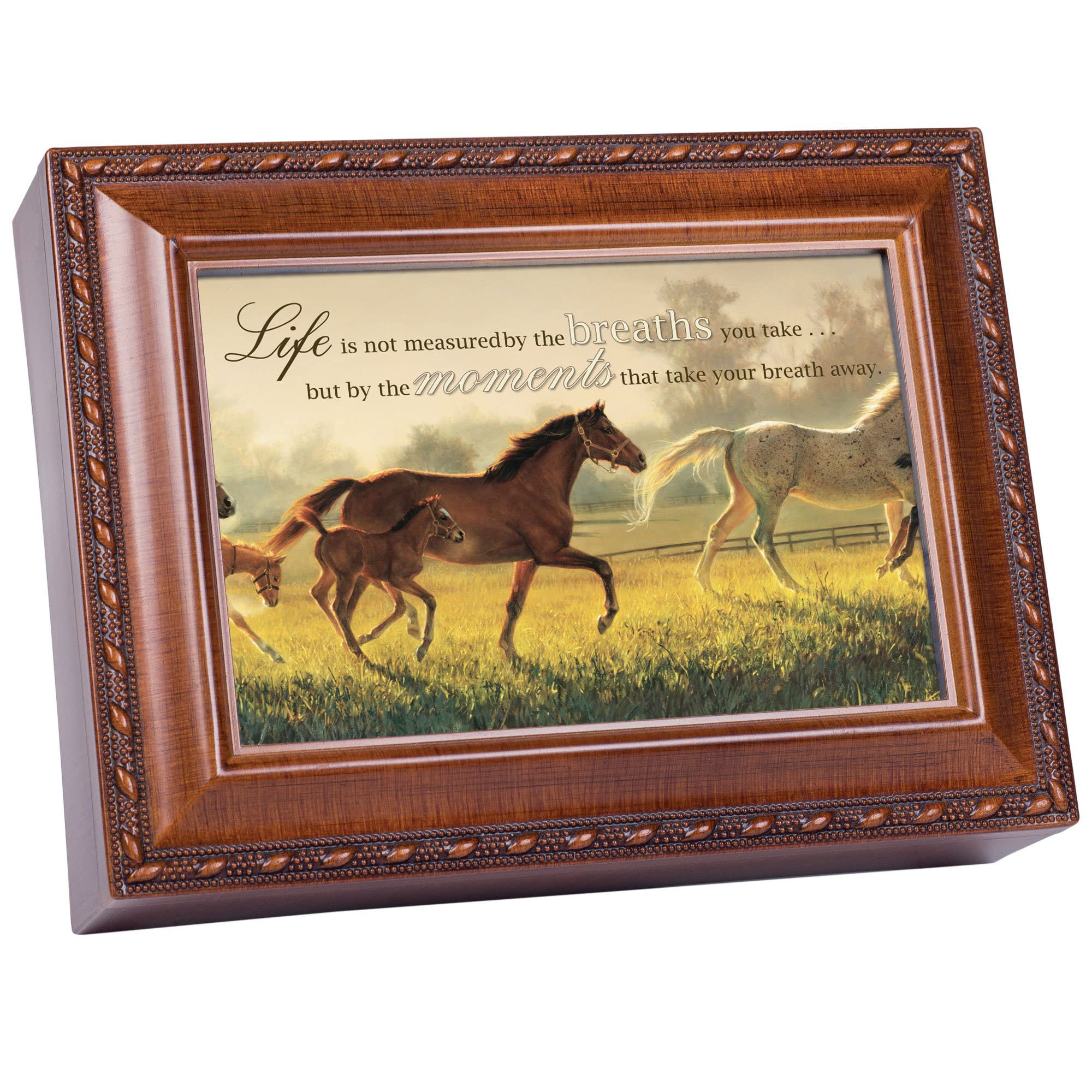 Cottage Garden Life Measured by Moments Woodgrain Rope Trim Jewelry Music Box Plays Wonderful World
