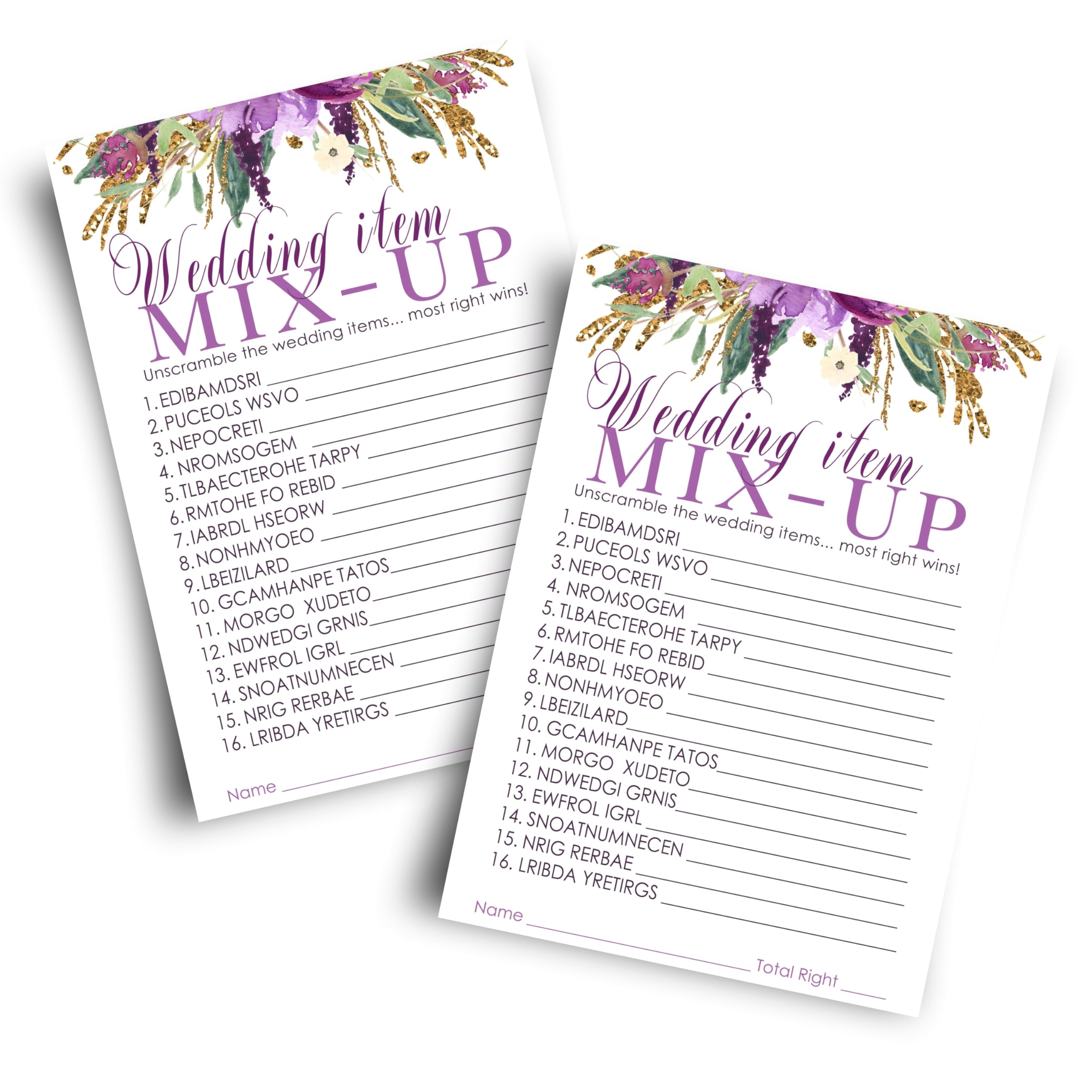 Purple Floral Bridal Shower Games - 25 Wedding Word Scramble Cards - Fun Guessing Activity For Engagement Parties And Rehearsal