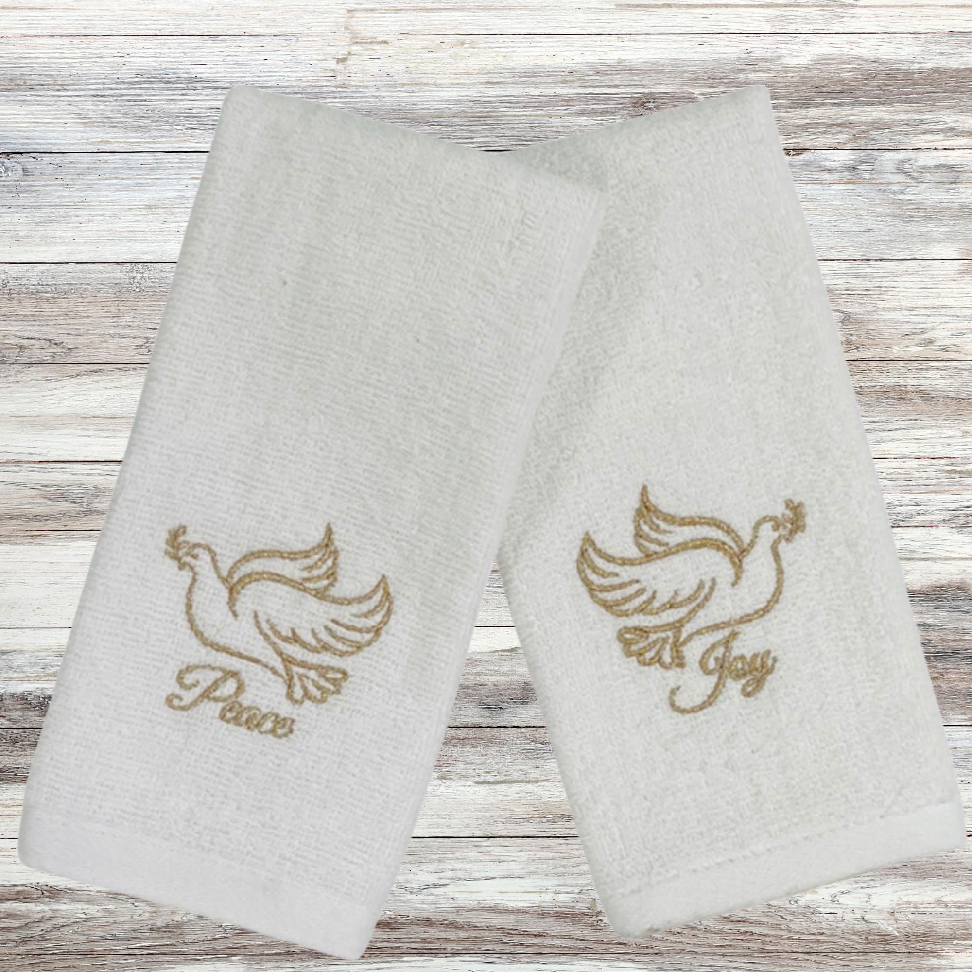 Decorative Christmas Theme Towel Set: Luxury Bathroom Plush Velour Cotton Fingertip Towels Of Gold Embroidered Doves With Peace