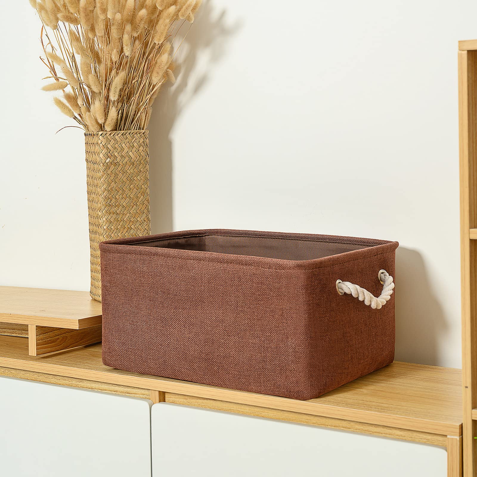 Thewarmhome Decorative Basket Rectangular Fabric Storage Bin Organizer Basket With Handles For Clothes Storage (Brown,Large-3Pac