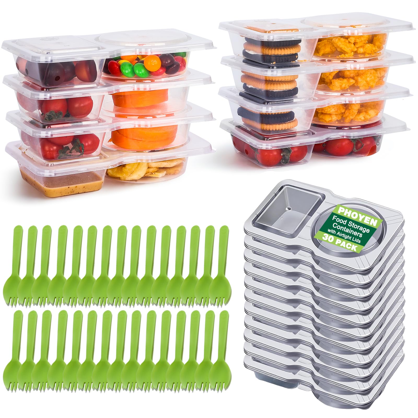30 Sets Double Compartment Condiment Container With Lids, Mini Plastic Snack Containers With Spoons, Bpa Free | Microwave Safe |