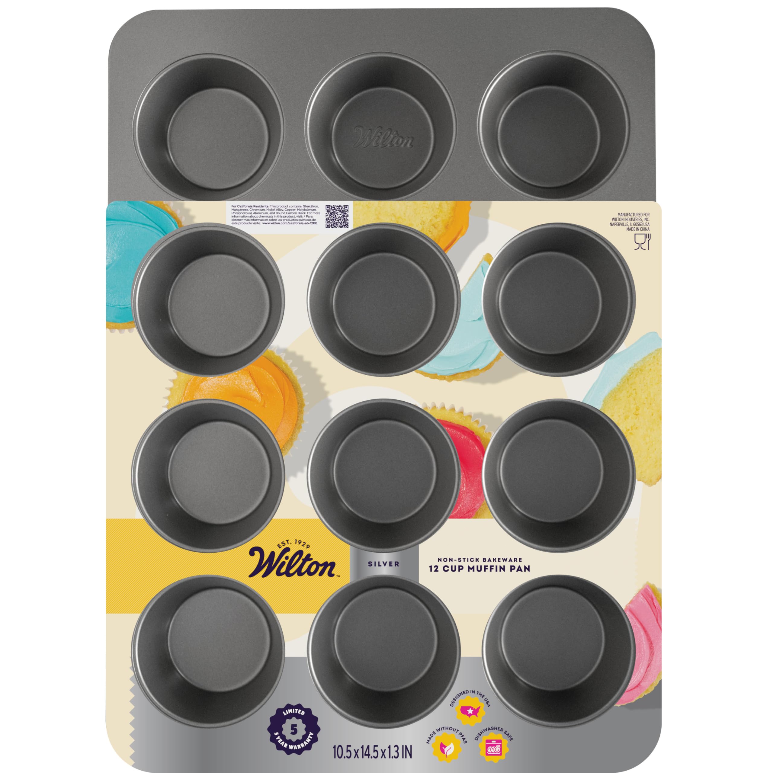 Wilton Silver Non Stick 12 Cup Muffin Pan, Cupcake and Muffin Tin for Baking and Brunch, Made without PFAS, Durable Steel