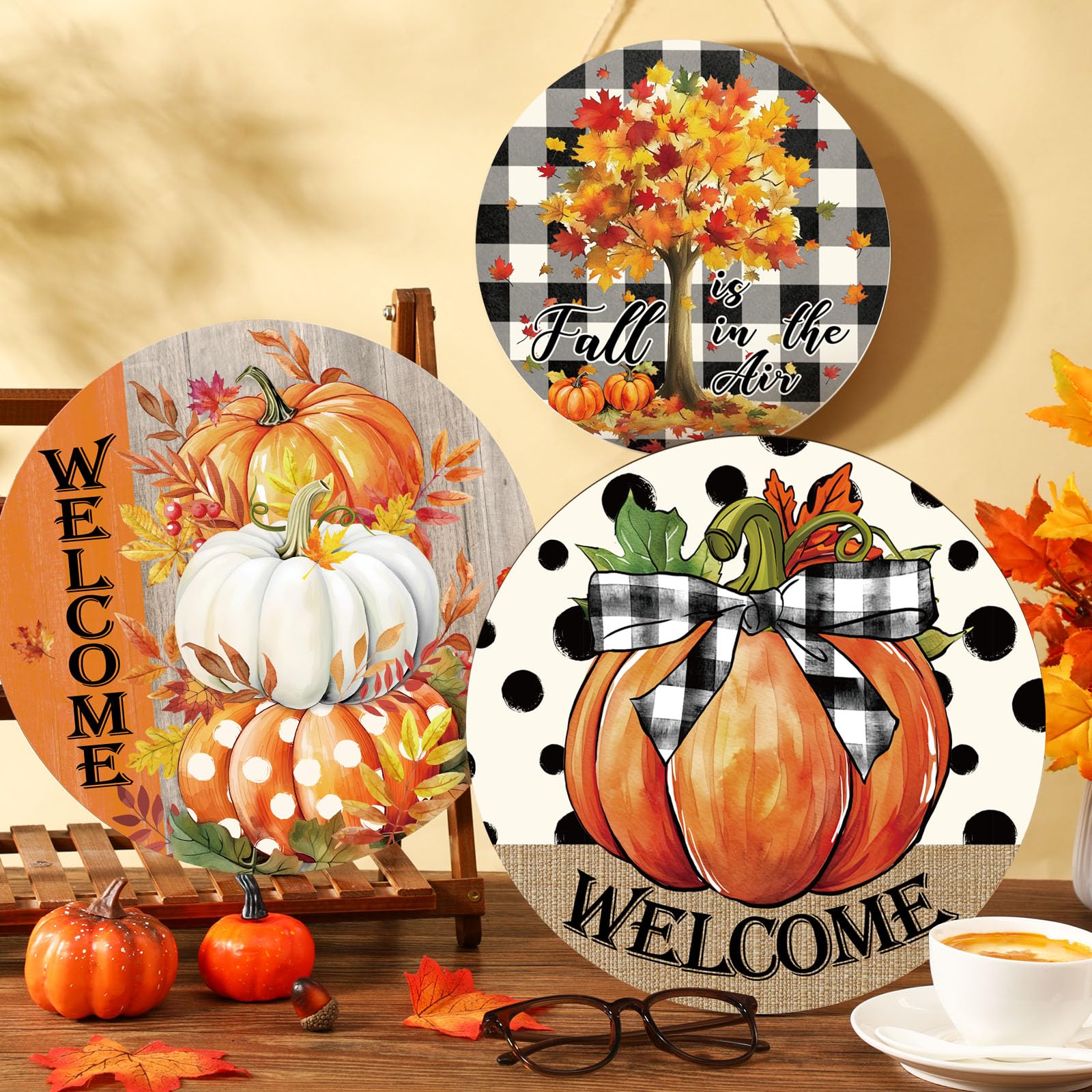 3 Pcs Fall Thanksgiving Decoration for Home Front Door Decor Signs Fall Pumpkin Wooden Wreath Autumn Maple Leaves Door Hanger fo