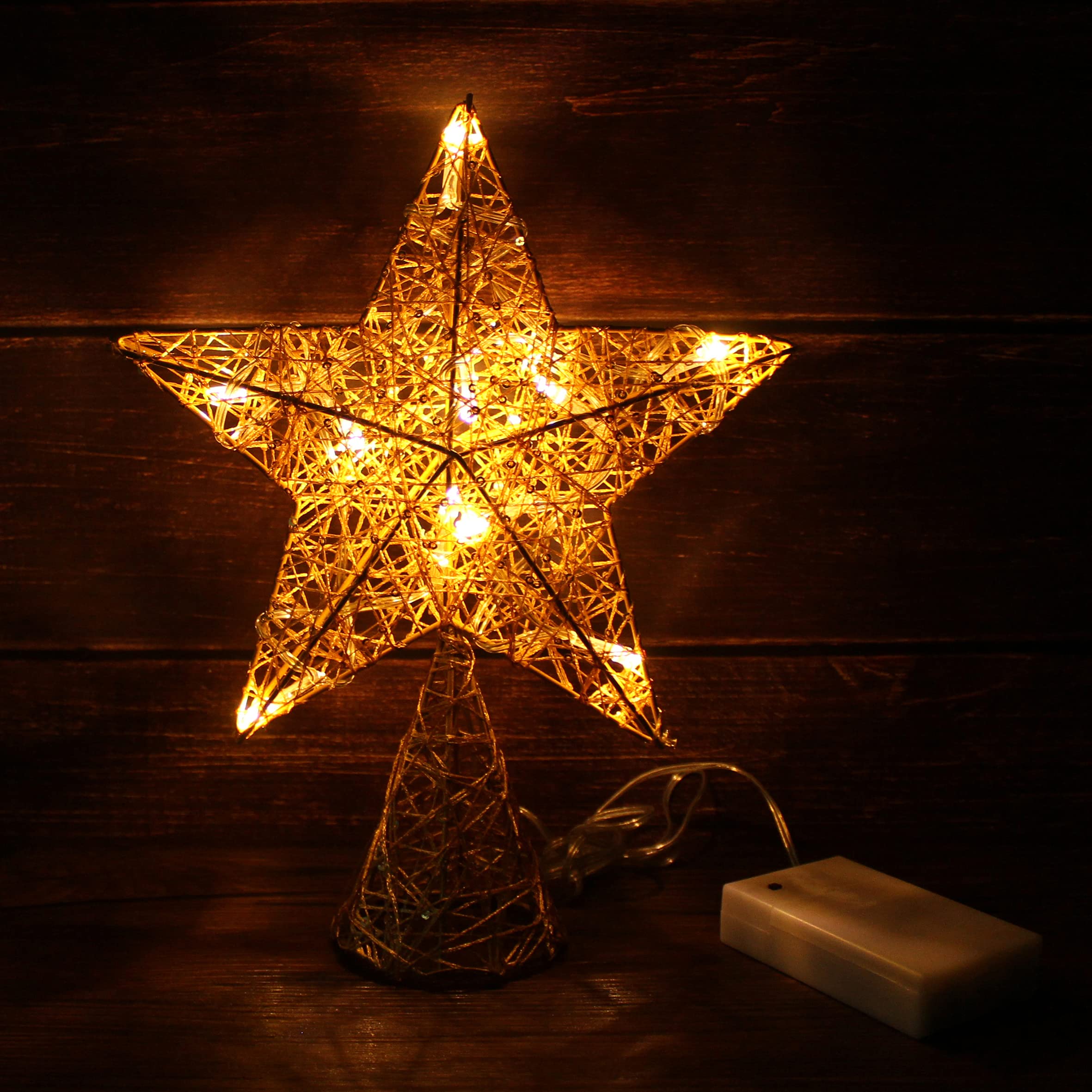 CVHOMEDECO. Gold Tree Top Star with Warm White LED Lights and Timer for Christmas Ornaments and Holiday Seasonal D  cor, 8 x 10