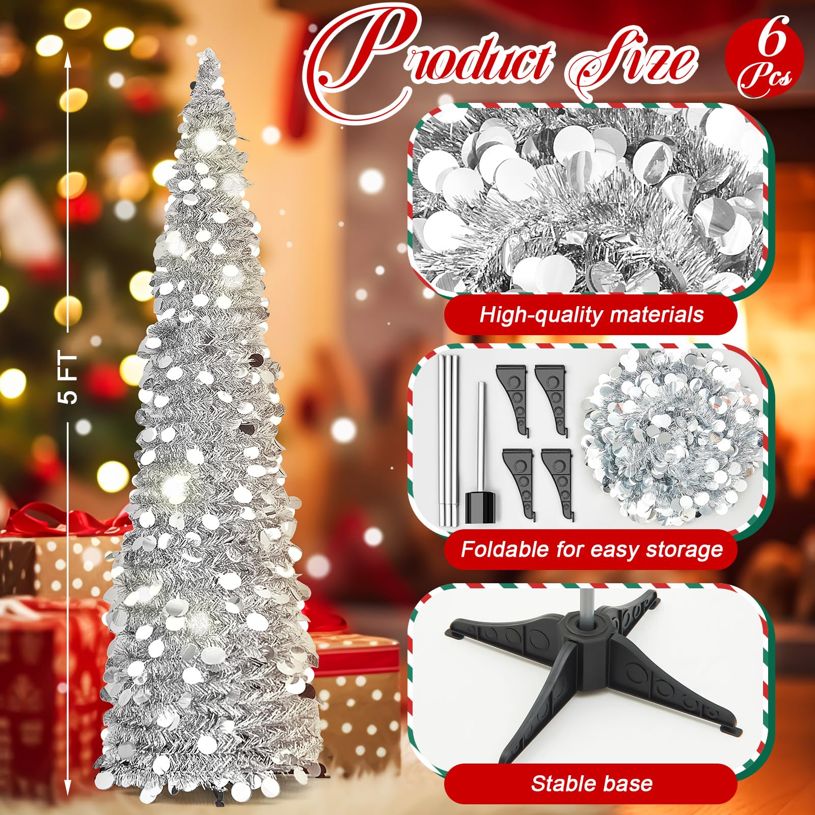 Leyndo 6 Pcs 5 ft Collapsible Artificial Christmas Tree Pop up White Sequined Tinsel Pencil Skinny Xmas Tree for Home Fireplace