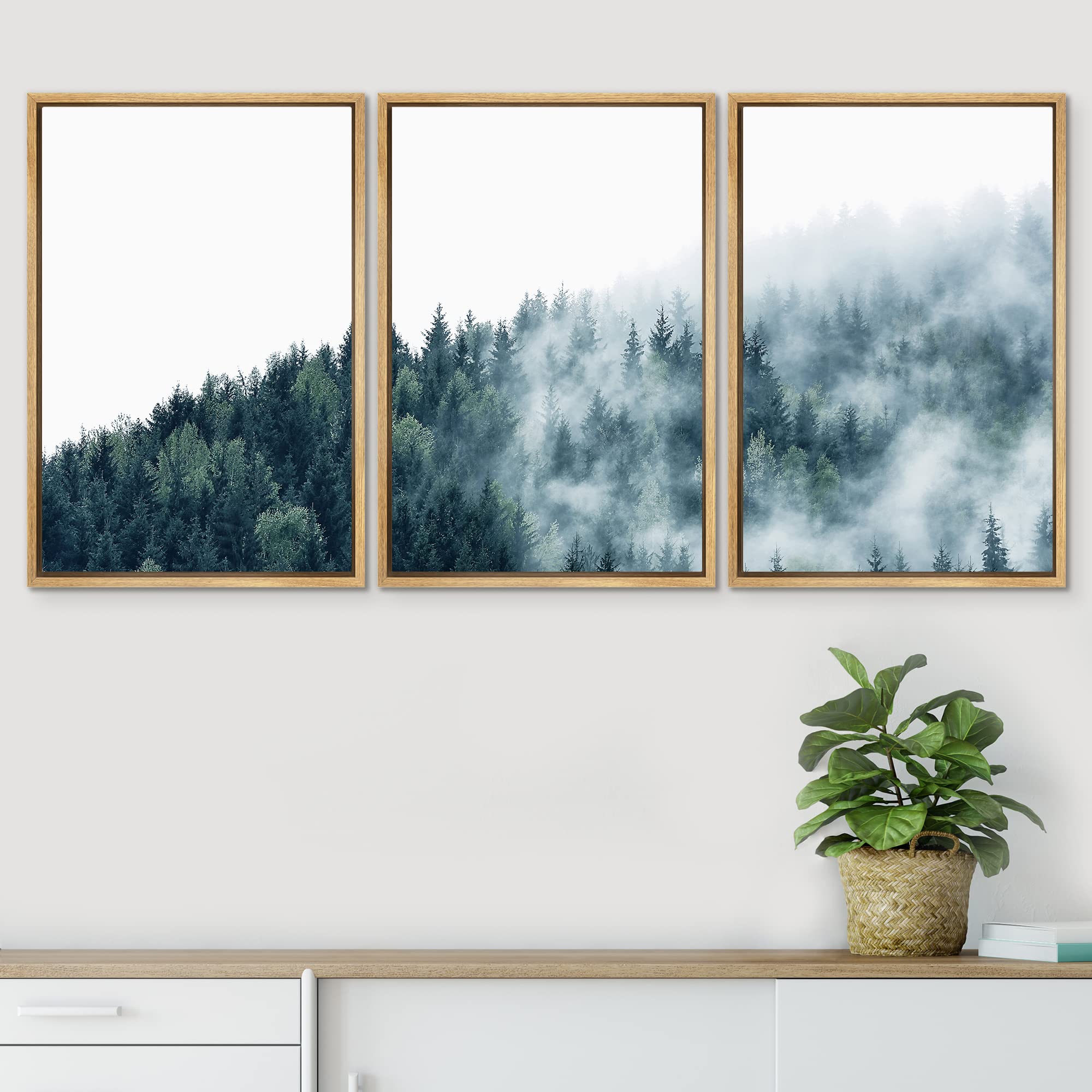 Signwin 3 Piece Framed Canvas Wall Art Misty Forest Nature Wilderness Photography Abstract Contemporary Landscapecanvas Prints H