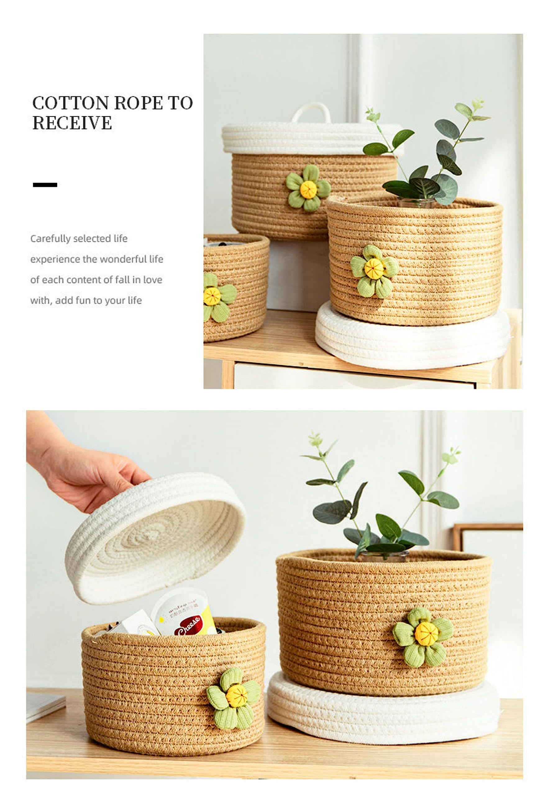A Set Of Three Large Covered Storage Baskets, Handmade Woven Fresh Style Desktop Decoration, Organizing Household Miscellaneous