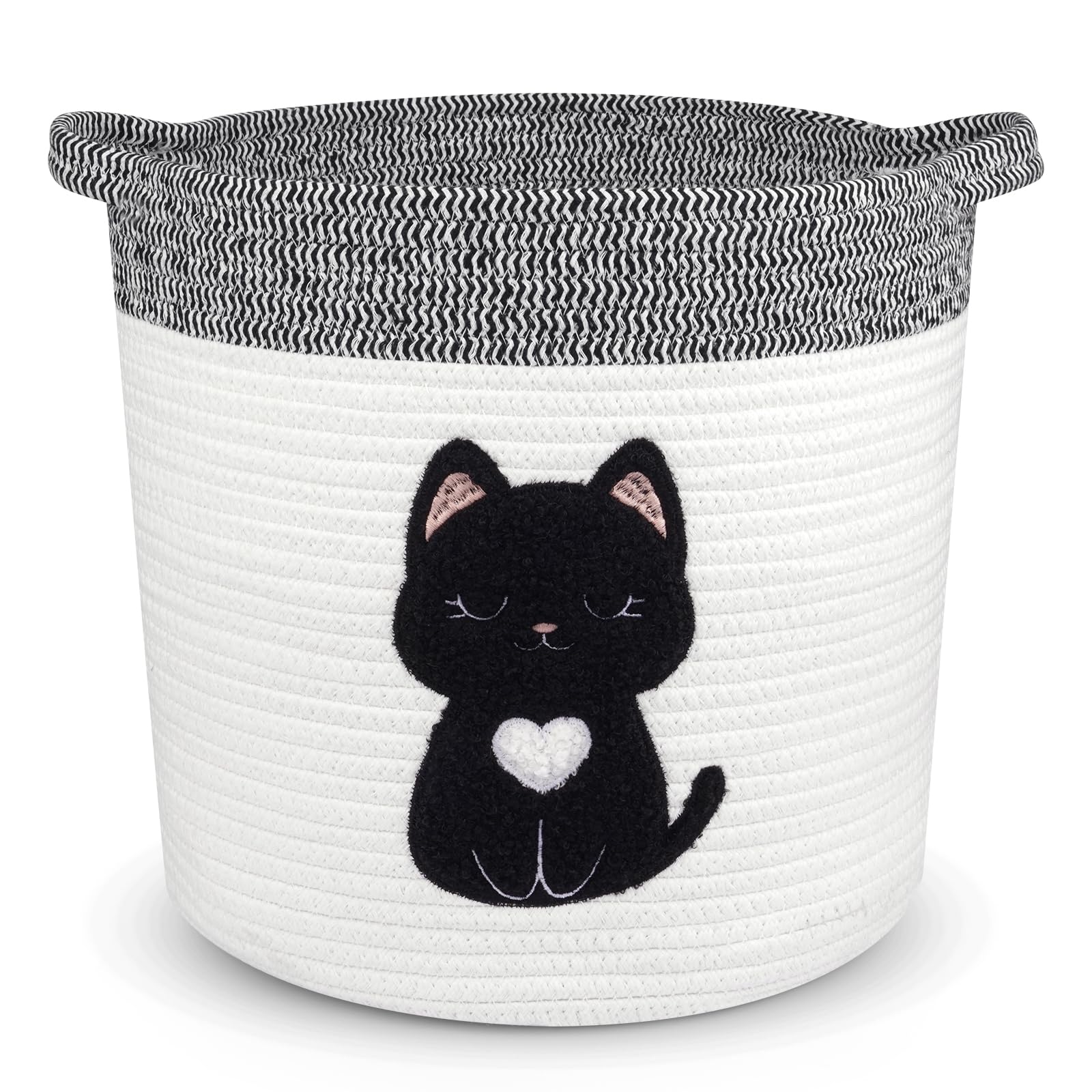 Black Cat Storage Basket - Woven Cotton Rope Basket with Soft Felt Patch, Foldable Organizer for Nursery, Pet Toys & Laundry, Gi