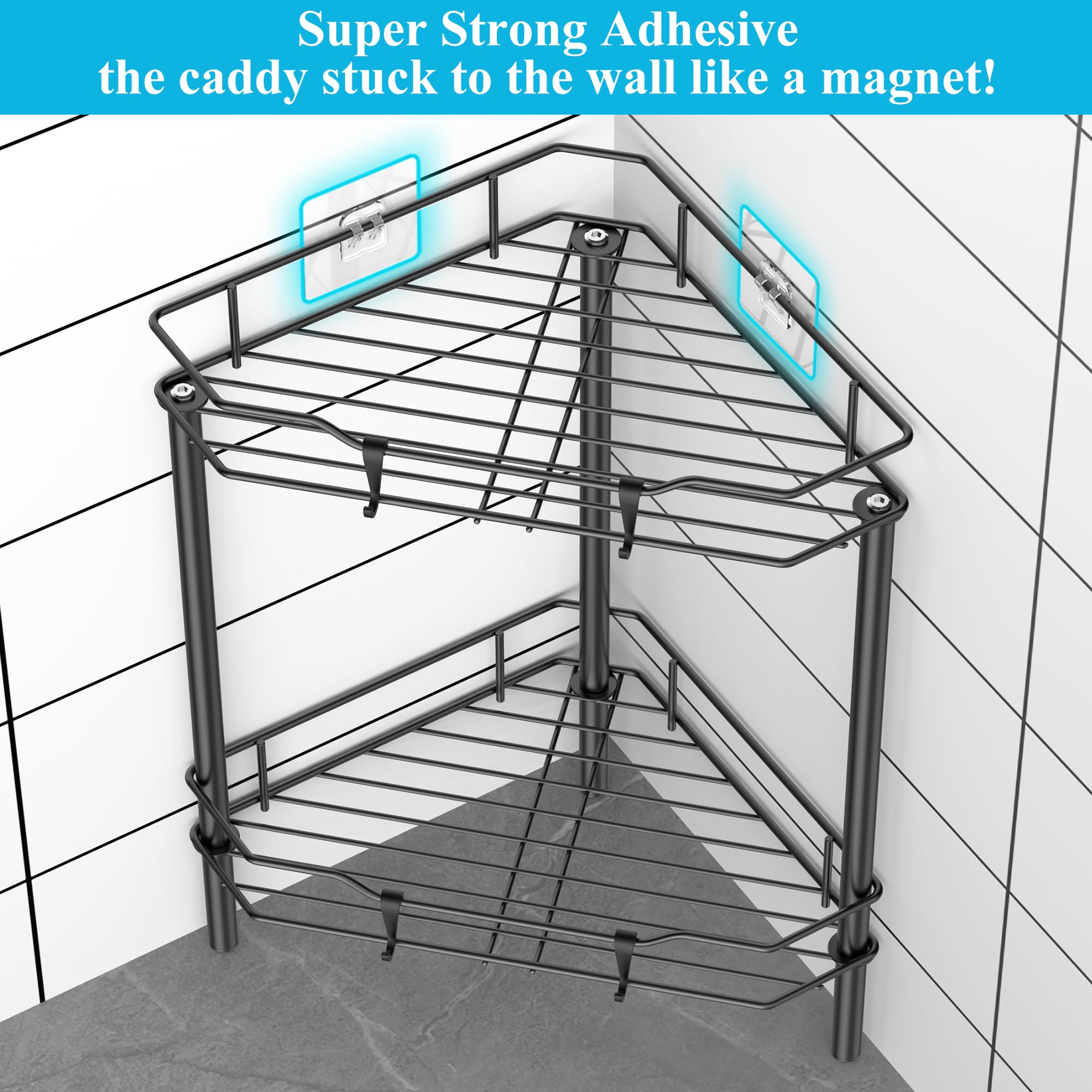 Huggiegems 2 Tier Floor Standing Corner Shower Caddy Organizer Shelf With Hooks, Bathroom Shelves Stand Rack, Black