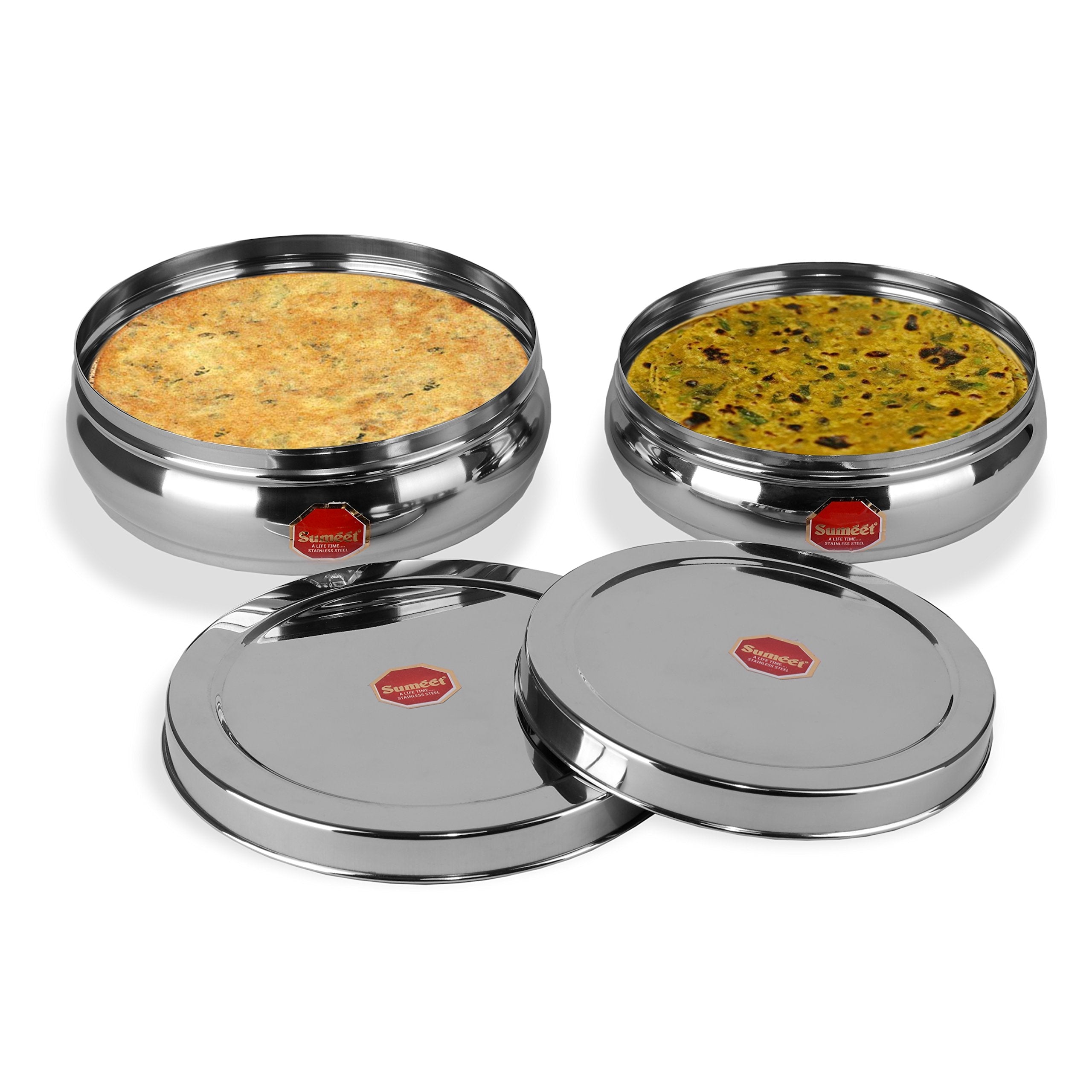 Sumeet Stainless Steel Belly Shape Flat Canisters/Puri Dabba/Storage Containers Set Of 2Pcs (No. 11 & No.12)(18.4Cm & 20.5Cm Dia