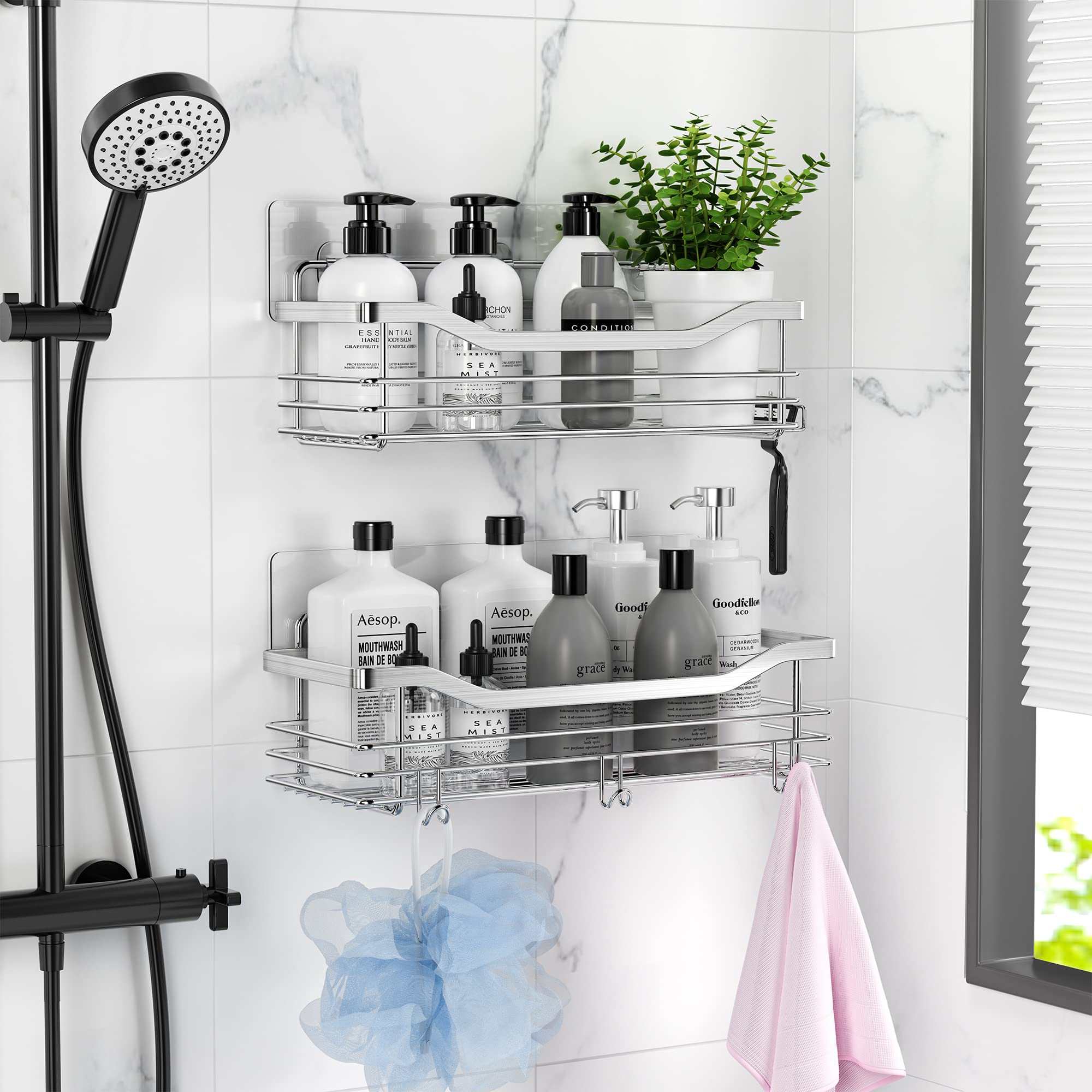 Orimade Shower Caddy Basket Shelf Storage Rack Pack Of 2, No Drilling Wall Mounted Adhesive Rust Proof Stainless Steel Shower Or
