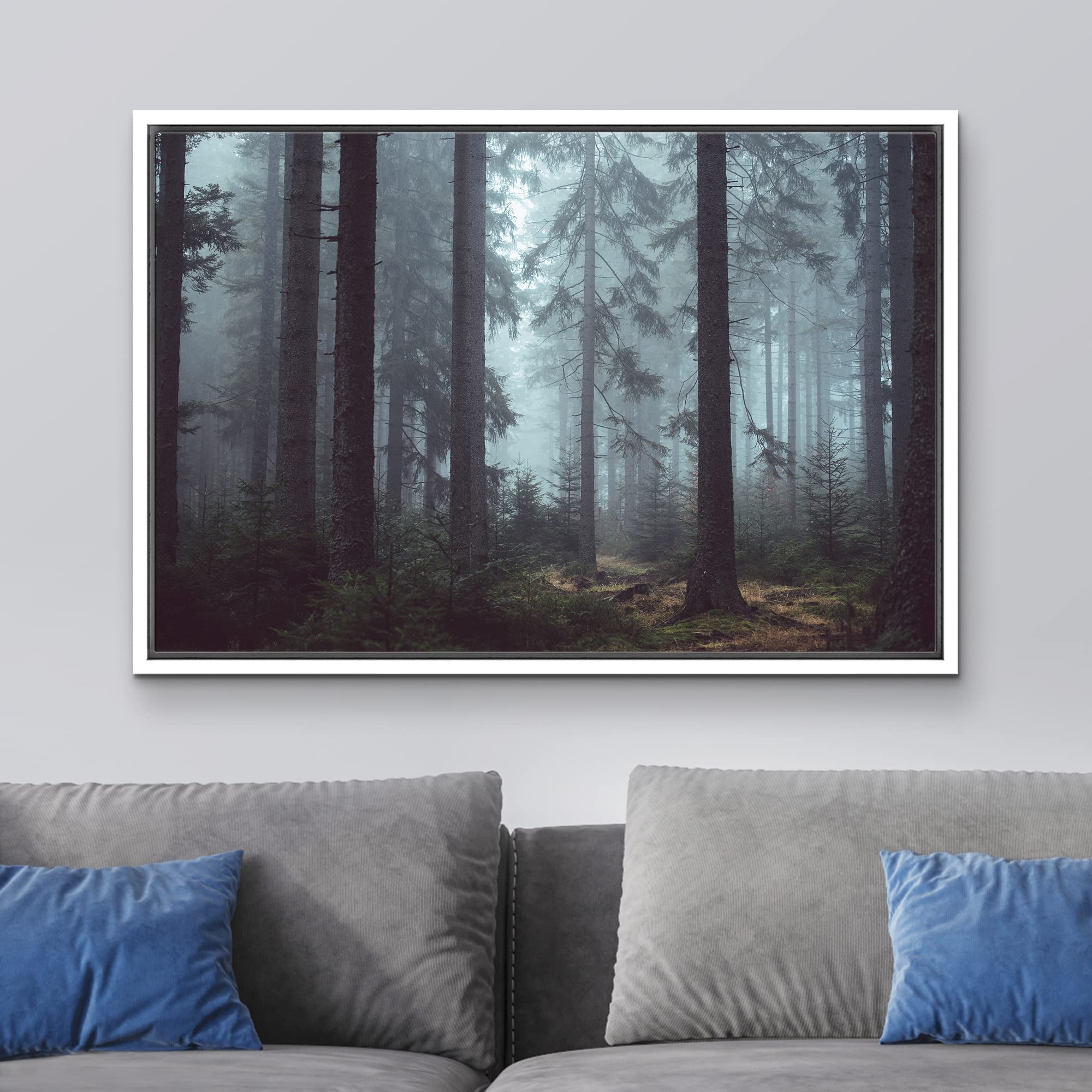 wall26 Framed Canvas Print Wall Art Pine Tree Forest in The Mist Nature Wilderness Photography Modern Art Rustic Scenic Colorful Multicolor for Living Room  Bedroom  Office - 16''x24'' White