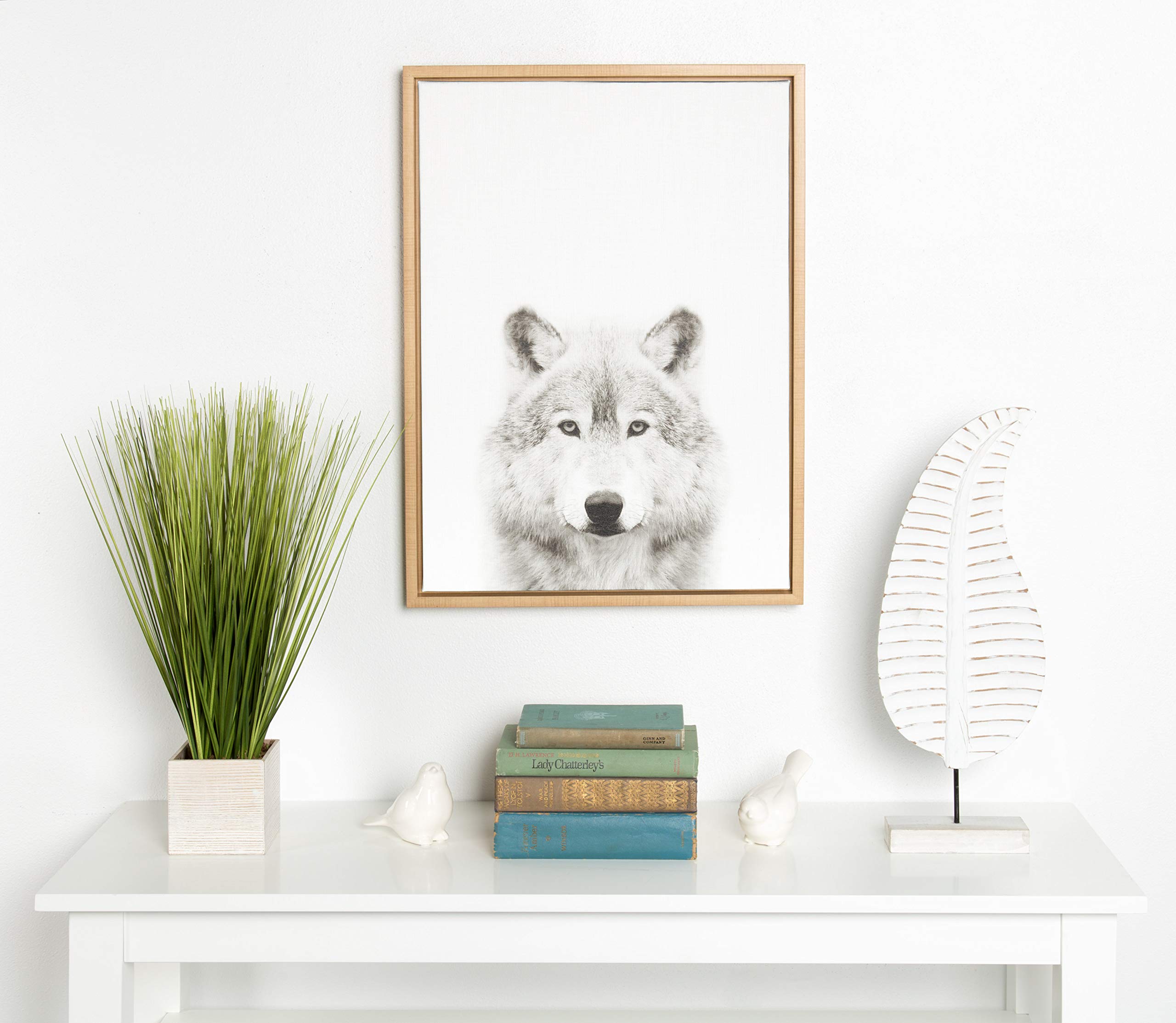 Kate and Laurel Sylvie Wolf Black and White Portrait Framed Canvas Wall Art by Simon Te Tai  18x24 Natural