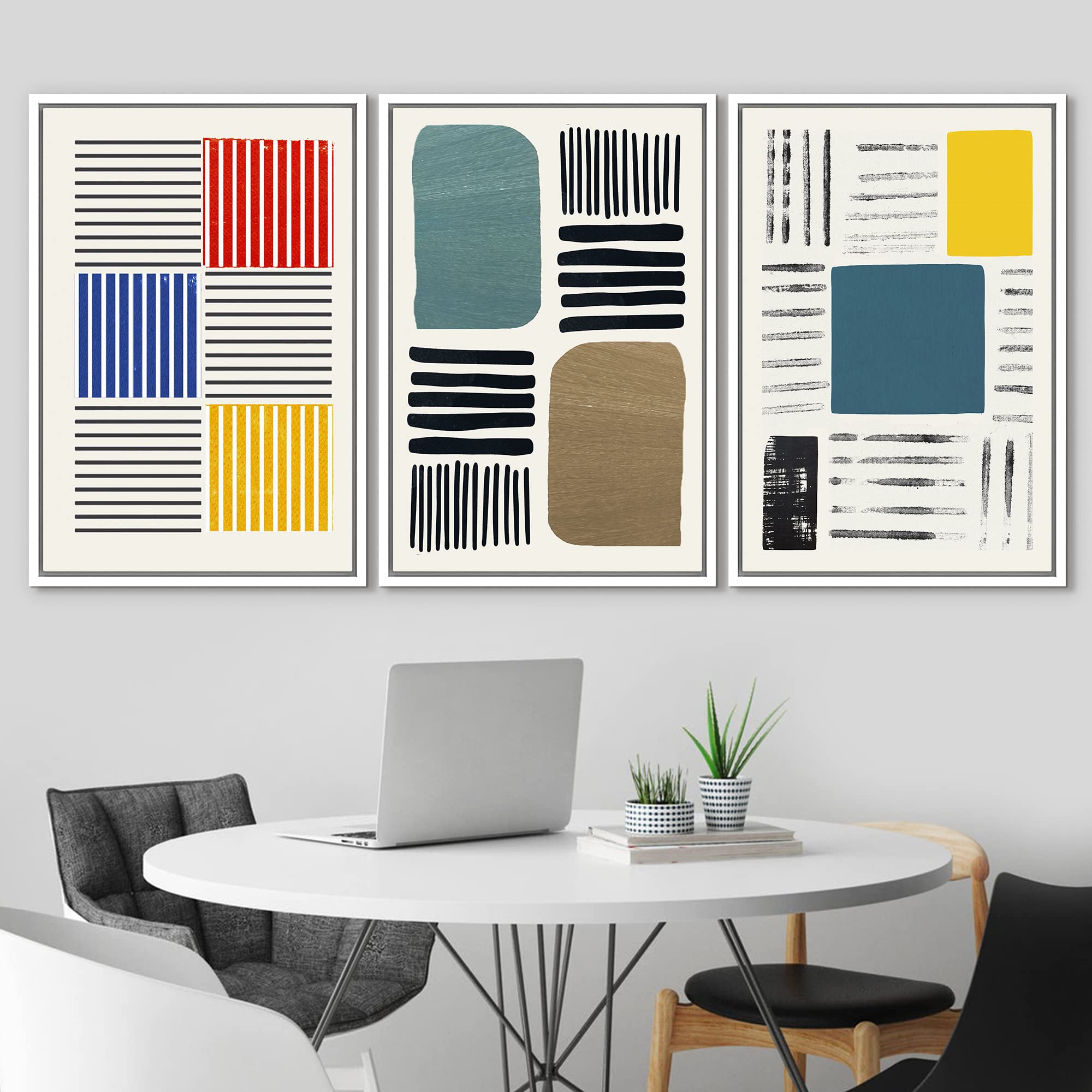 Idea4Wall Framed Canvas Print Wall Art Set Mid-Century Colorful Color Block Stripes Abstract Shapes Illustrations Minimalism Boh