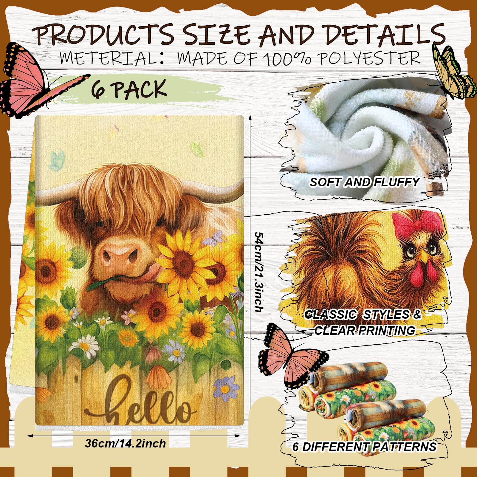 Breling Set of 6 Farmhouse Animal Kitchen Towels Vintage Themed Dish Towel Bathroom Decorative Rustic Cloths for Kitchen Bathroo