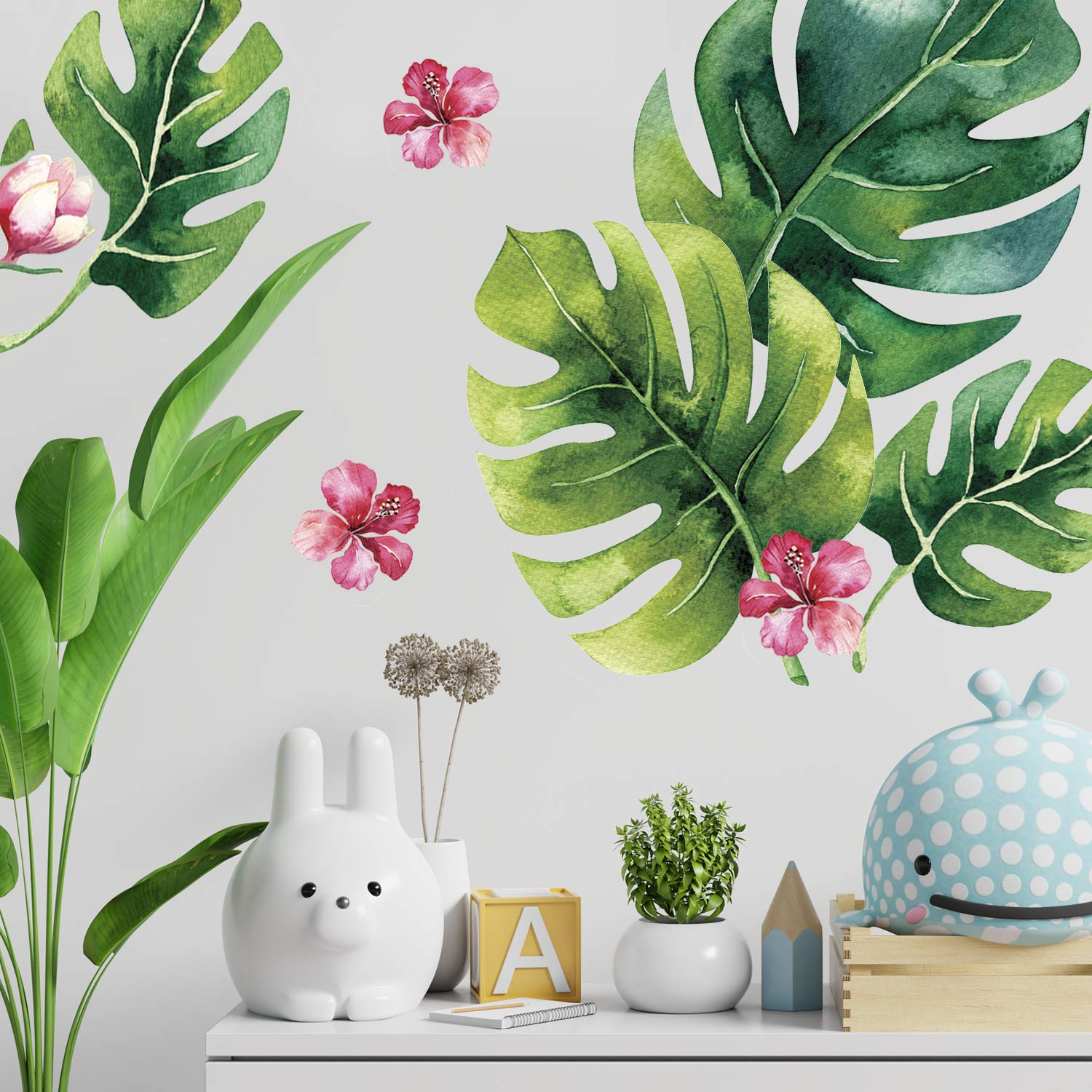 Tropical Flower Palm Leaf Wall Stickers - Tropical Leaves Decals - Foliage Monstera Wall Decal - Jungle Theo Leaf Decals - Banan