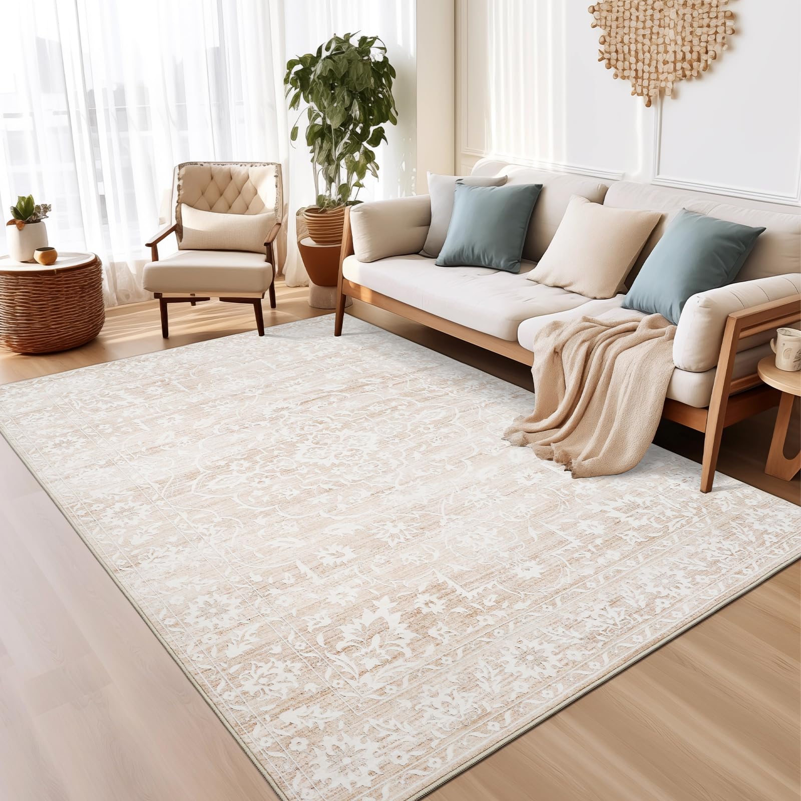 Soalmost Area Rugs 4x6 for Living Room, Stain Resistant Neutral Washable Rugs for Dining Room, Kitchen, Floral Vintage Non-Slip 