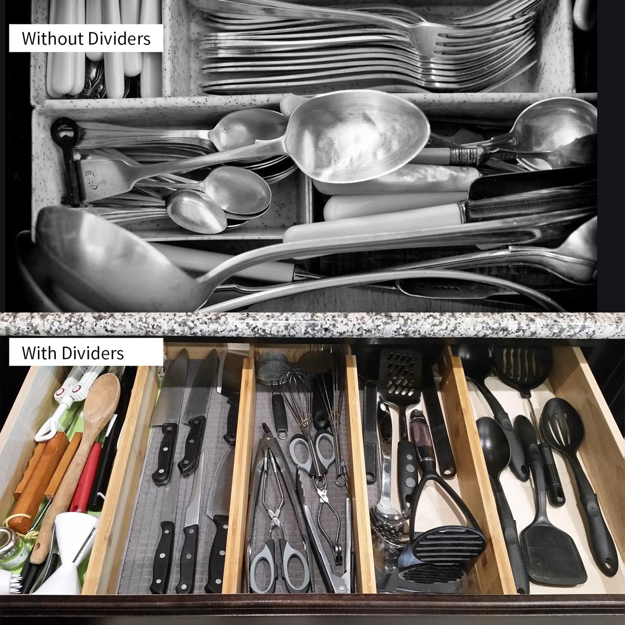 Utoplike 4 pcs Bamboo Kitchen Drawer Dividers(166-217IN),Adjustable Drawer Organizers,Spring Loaded,Works in Kitchen,Dresser,Bat