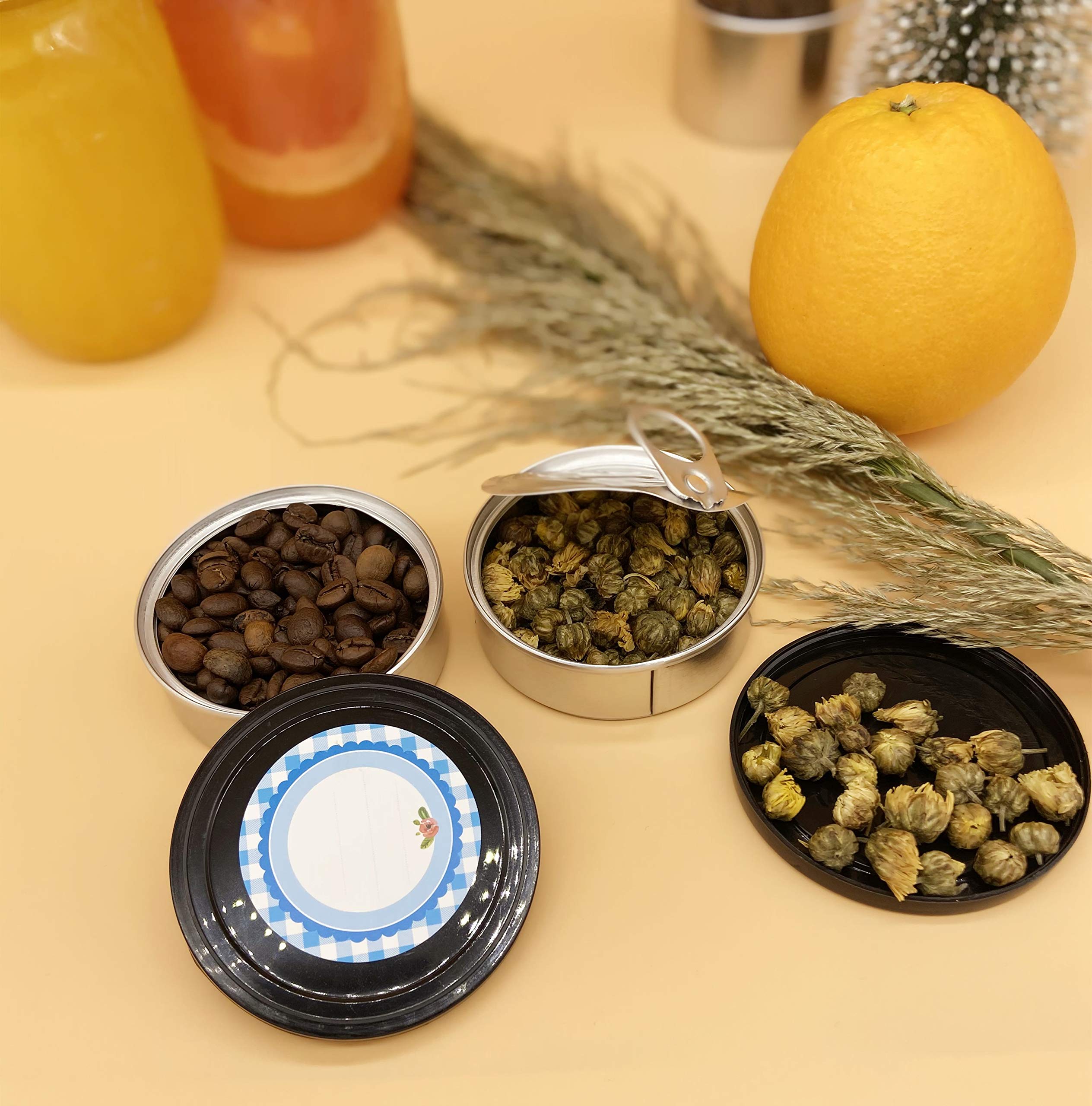 Yeepon 20Sets Cali Self-Seal Tin Can With Lid - Tuna Can Hoop Ring - No Tools Needed + 32Pieces Can Labels?100Ml/3.5] (20Sets) (