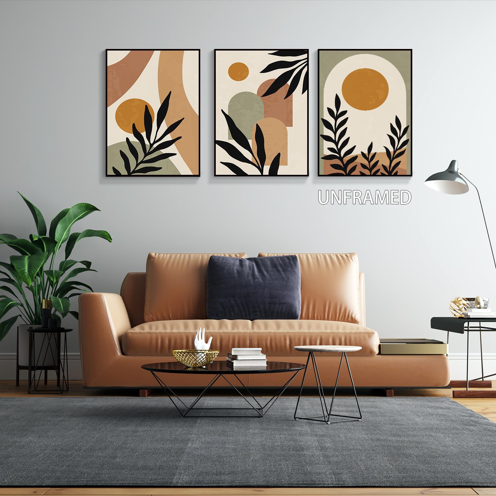 Dfaiuy Minimalist Boho Abstract Canvas Wall Art Mid-Century Modern Beige Set Of 3 Poster Neutral Geometric Line Sun Floral Print