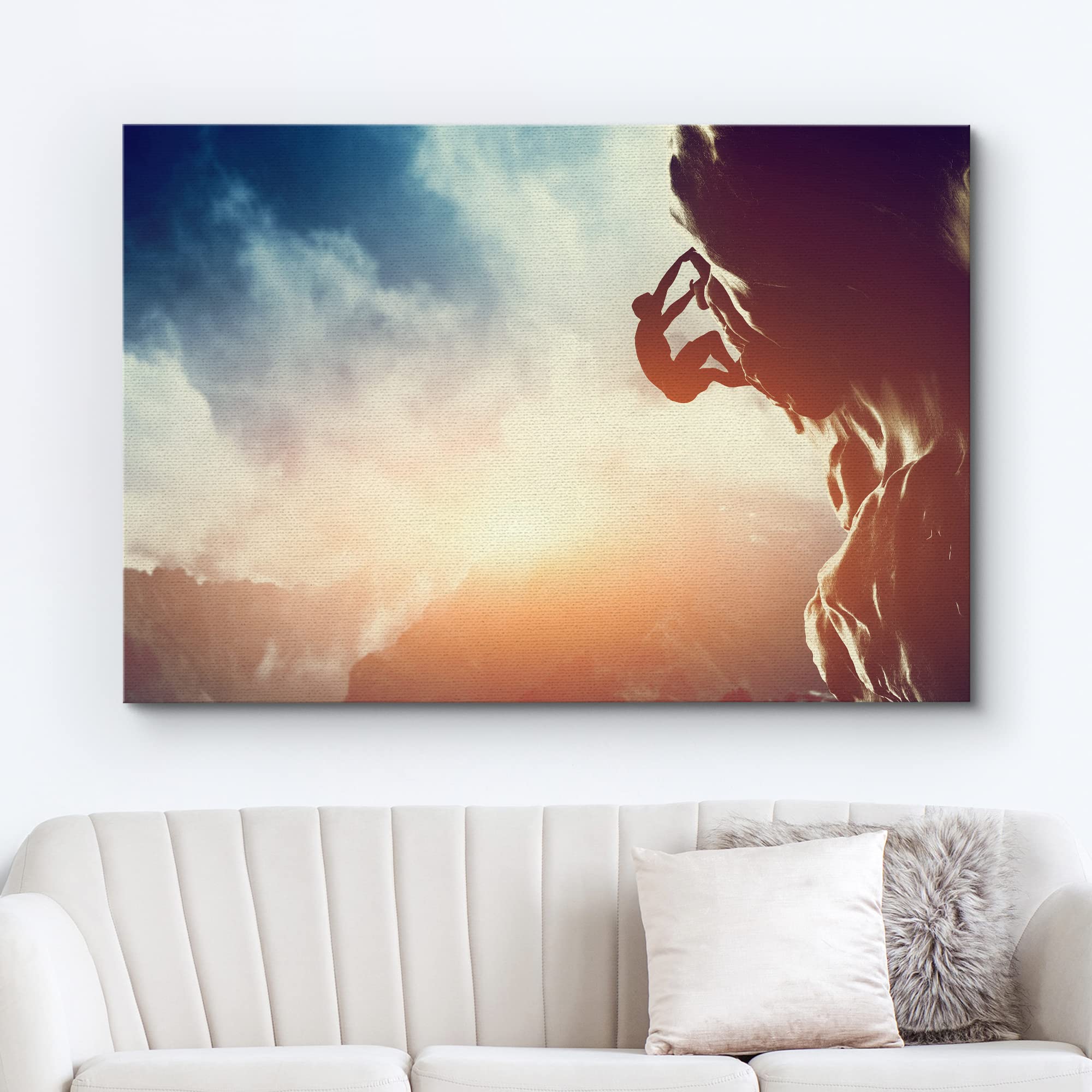 Canvas Prints Wall Art - Man Climbing On Rock Mountain At Sunset/Art Of Ambition | Modern Home Deoration/Wall Art Giclee Printin