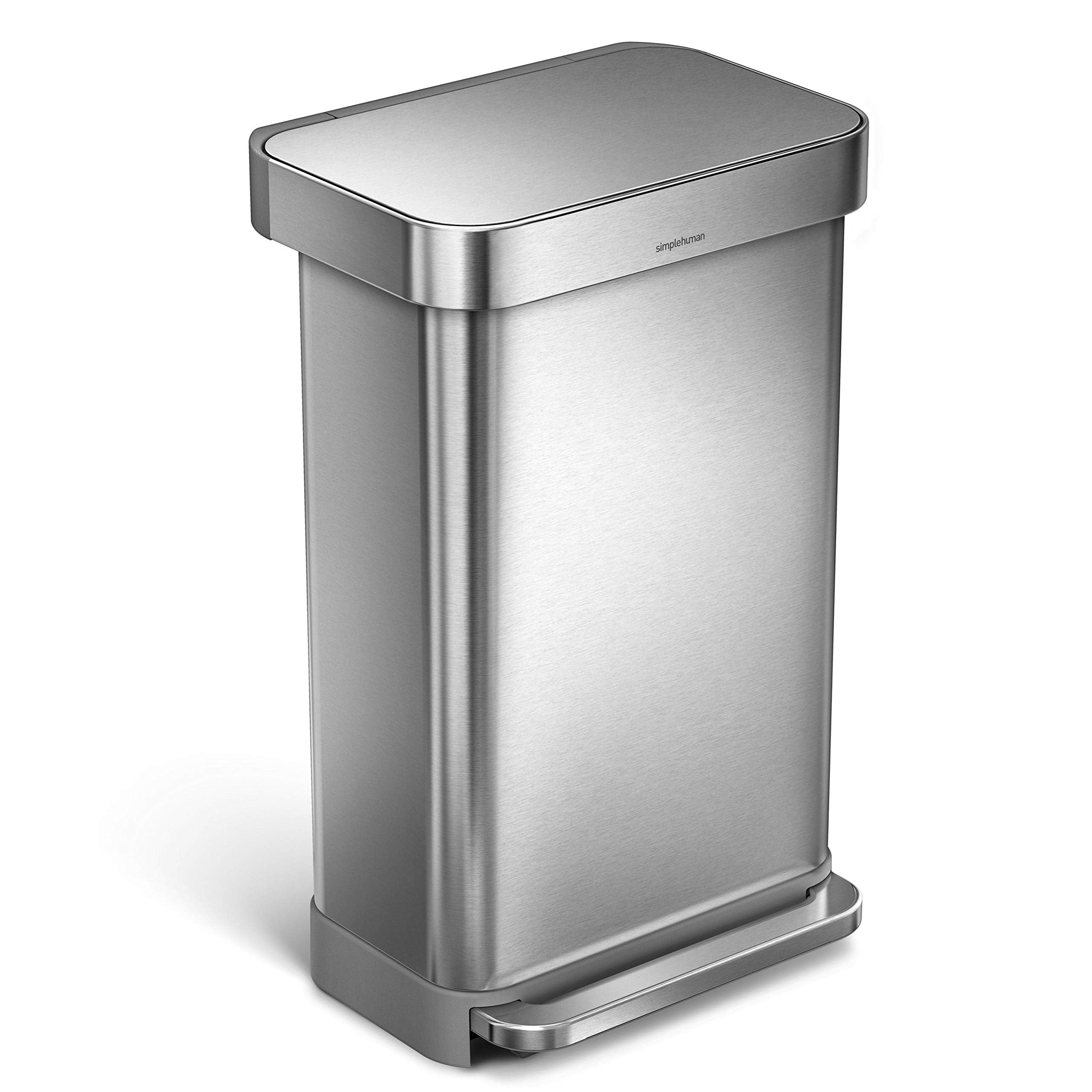 Simplehuman 45 Liter / 12 Gallon Rectangular Hands-Free Kitchen Step Trash Can With Soft-Close Lid, Brushed Stainless Steel
