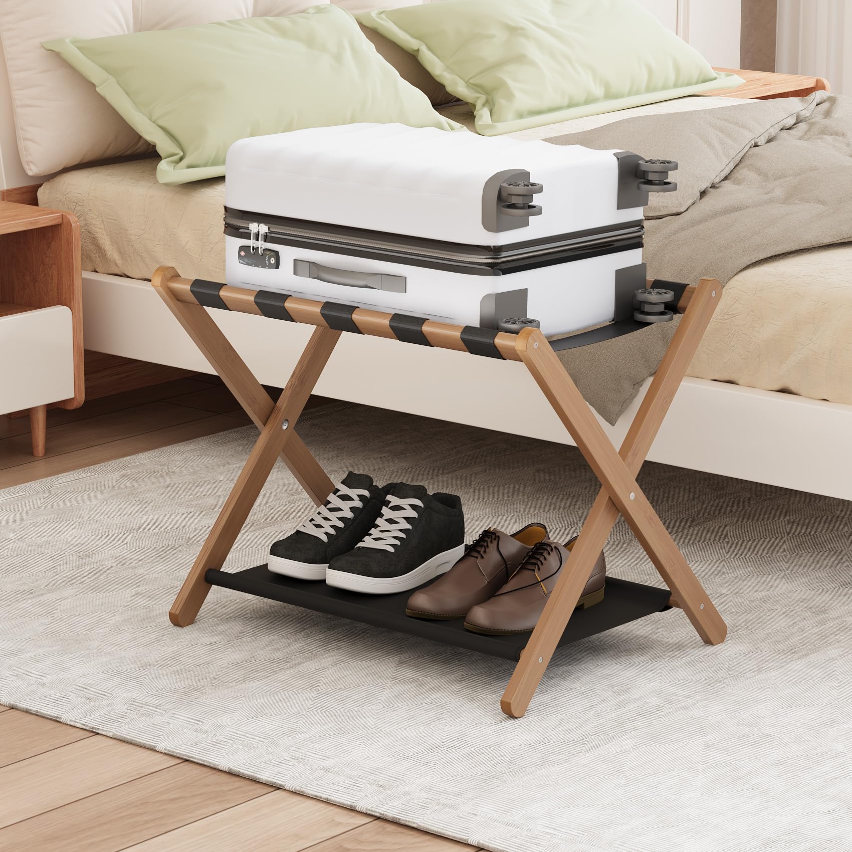Smuxee Walnut Bamboo Luggage Rack For Guest Room, Foldable Suitcase Stand With Storage Shelf, Easily Assembled Luggage Stand Wit