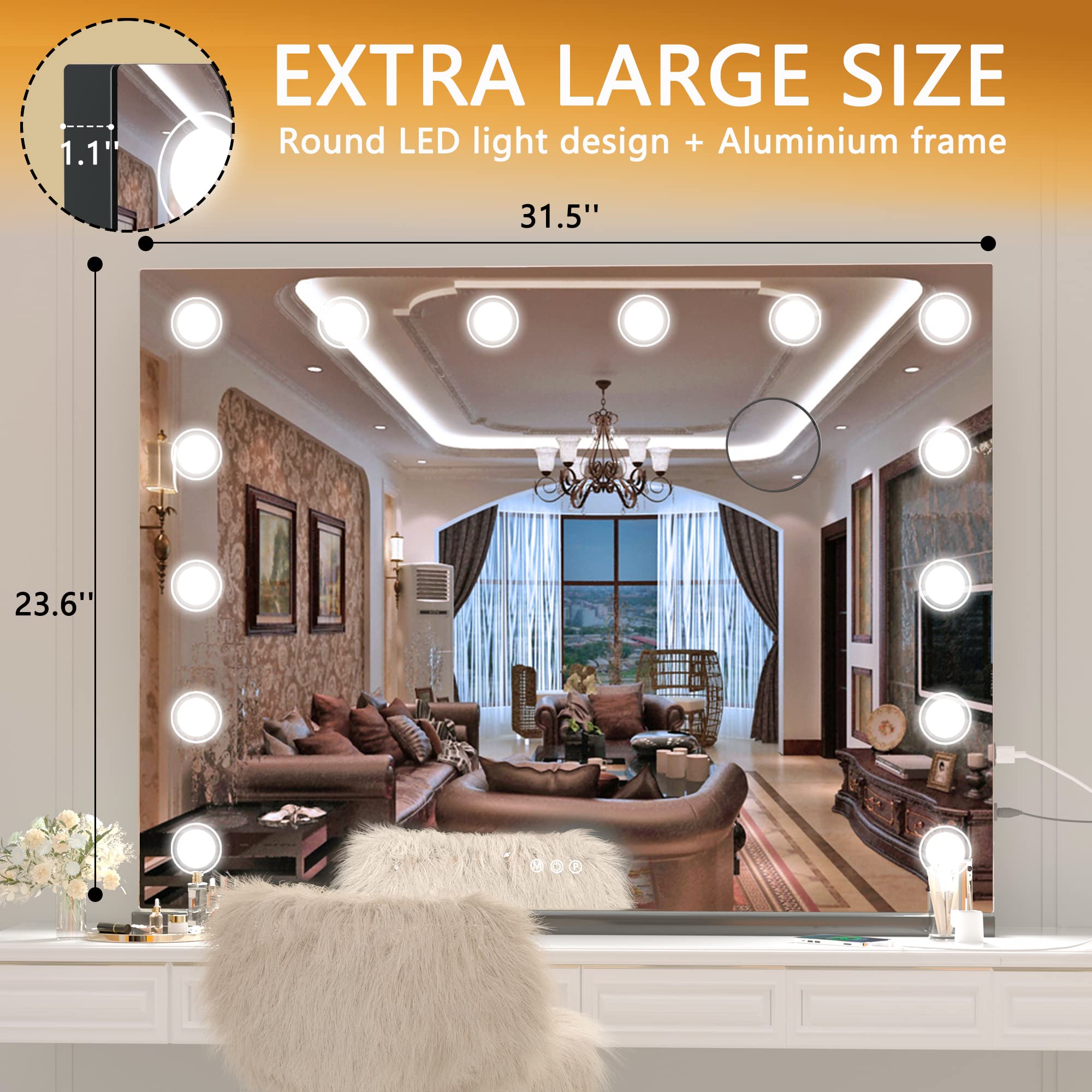 Hasipu Vanity Mirror With Lights, 32'' X 24'' Makeup Mirror, Light Up Mirror With 14 Dimmable Led Lights And 10X Magnification,