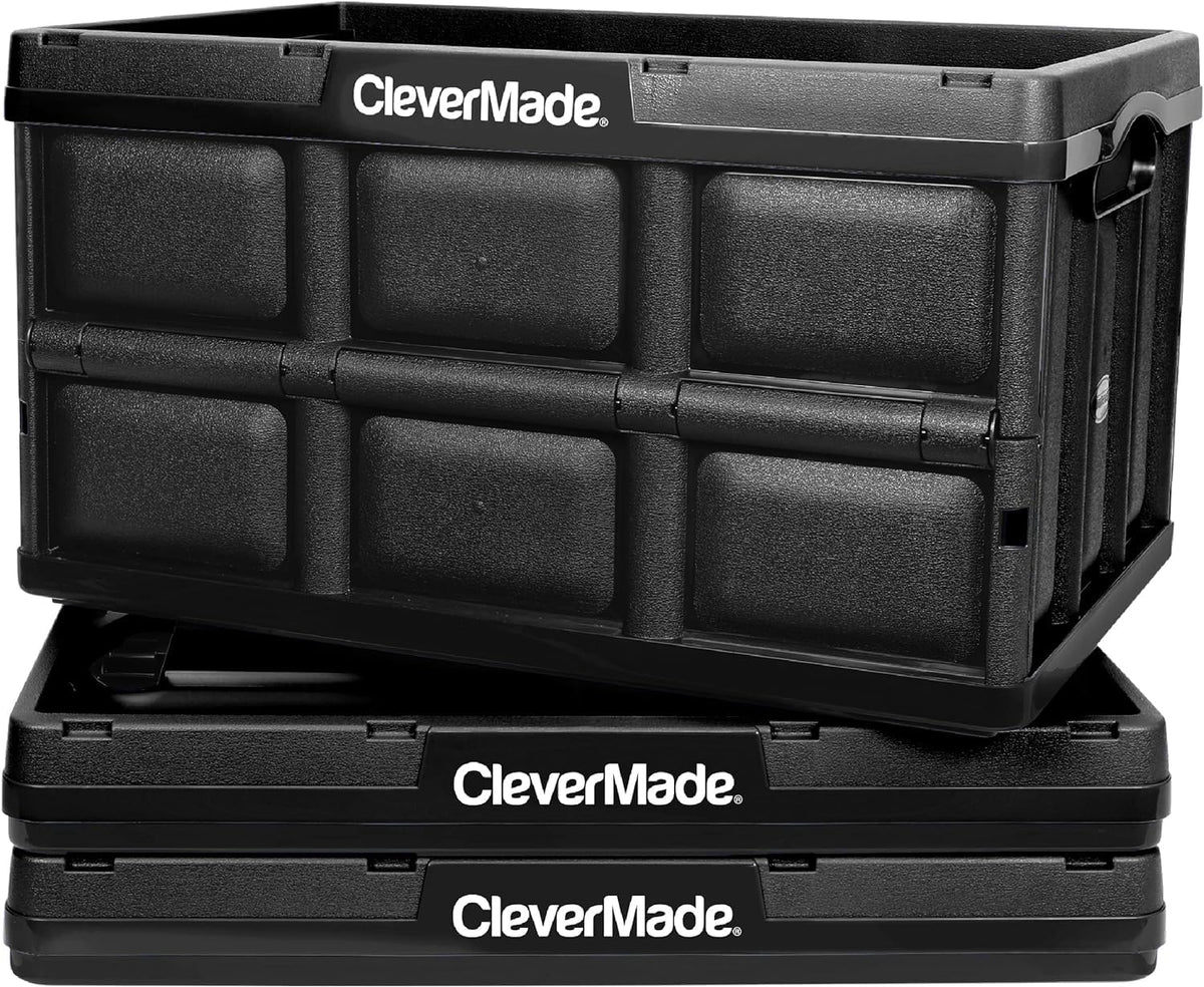 Clevermade Collapsible Storage Bin, Obsidian, 3Pk - 32L (8 Gal) Stackable Storage Containers, Holds 66Lbs Per Bin - Plastic Stor