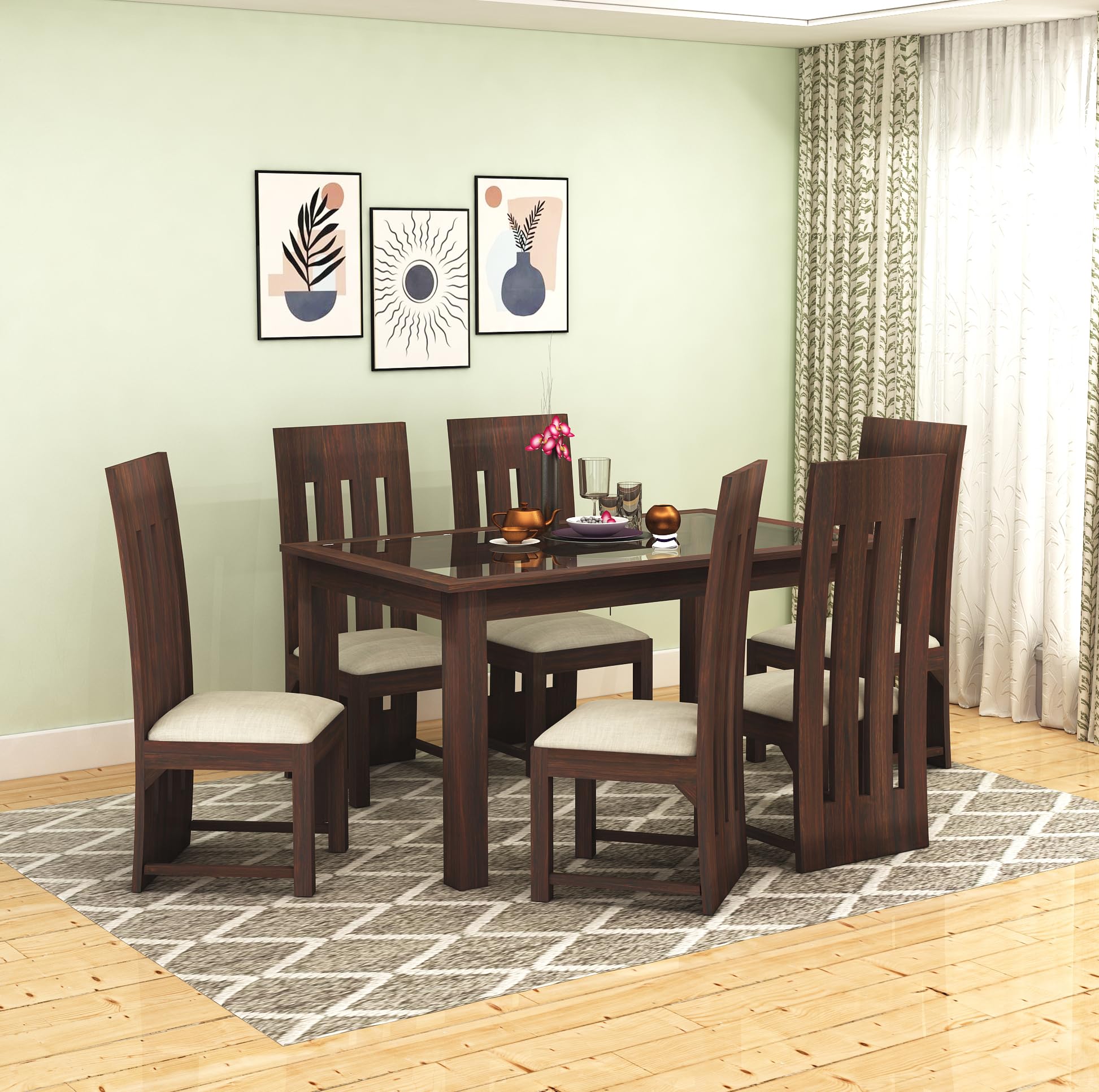Sona Art & Crafts Poster Solid Sheesham Wood Dining Table Set 6 Seater Dinner Dinning Table Glass Top With 6 Cushioned Chair For