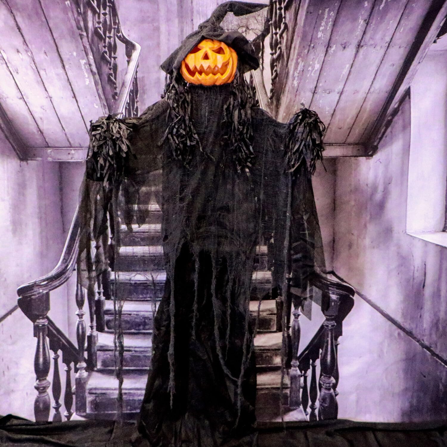 Haunted Hill Farm Life-Size Scary Poseable Pumpkin Witch, Halloween Prop with Touch Activated Lights and Sound, Battery Operated