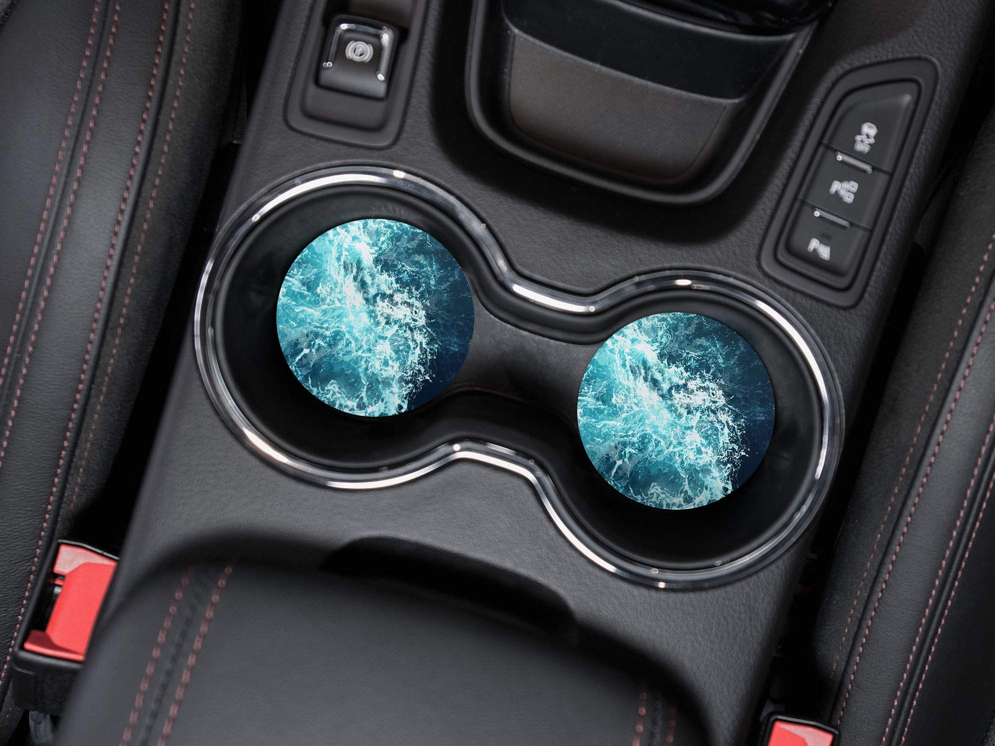 Caribou Coasters , Blue Ocean Wave Design Absorbent Round Fabric Felt Neoprene Car Coasters For Drinks, 2Pcs Set