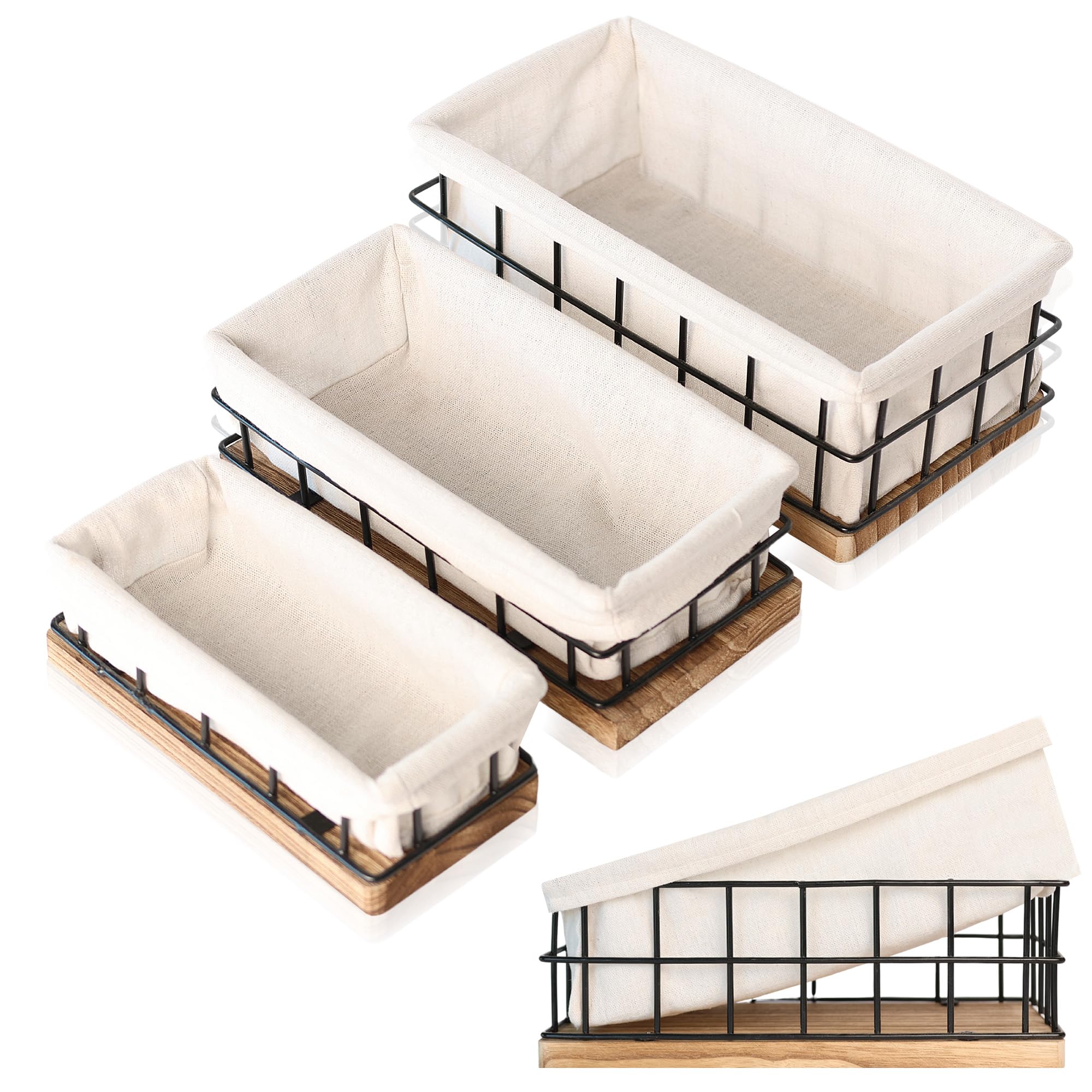 Aura Nest Metal Baskets For Organizing - Set Of 3 Black Metal Basket With Liner, Wooden Decorative Baskets For Home Decor, Bathr